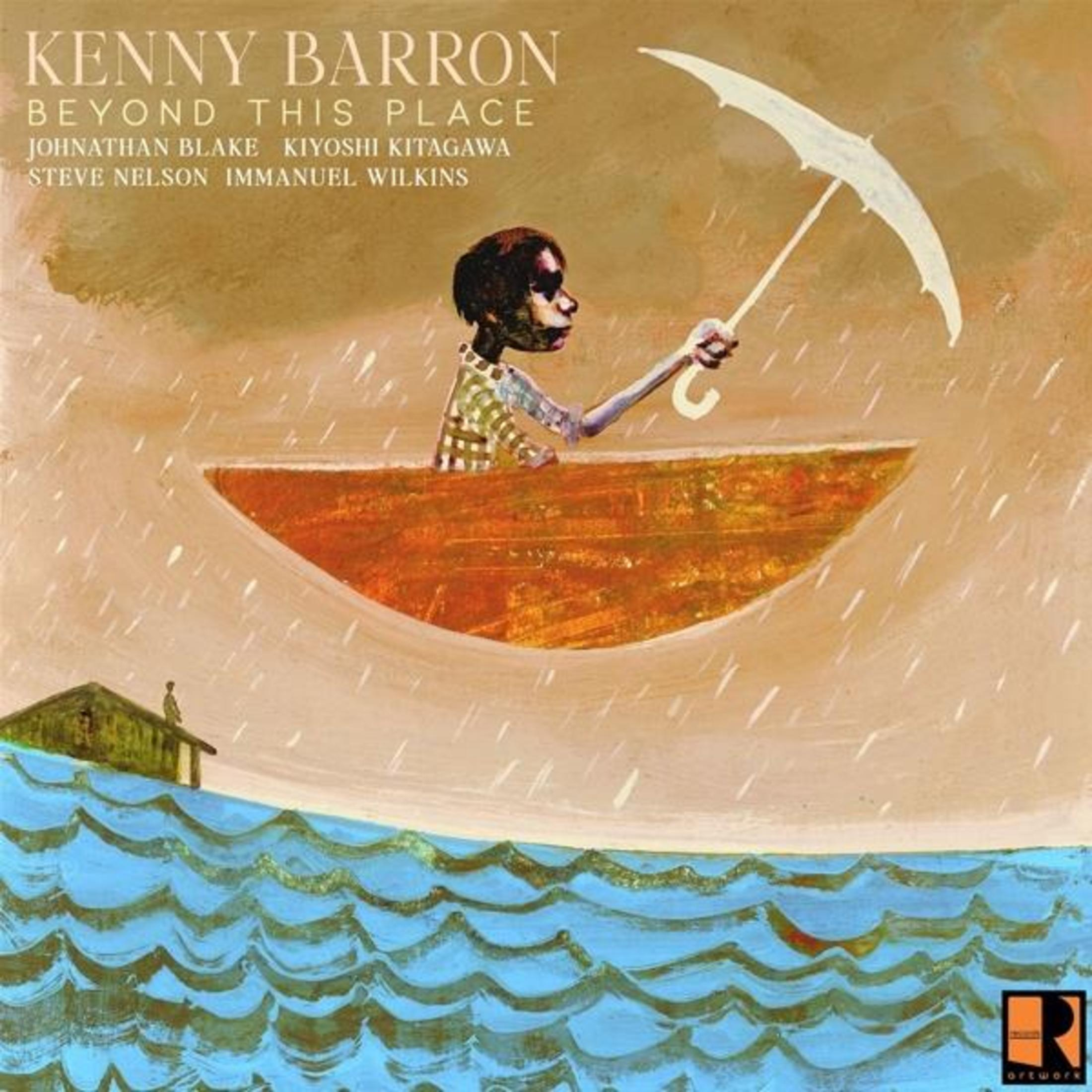 Illustrazione: ragazzo in barca con ombrello sotto la pioggia. Copertina album: Kenny Barron.