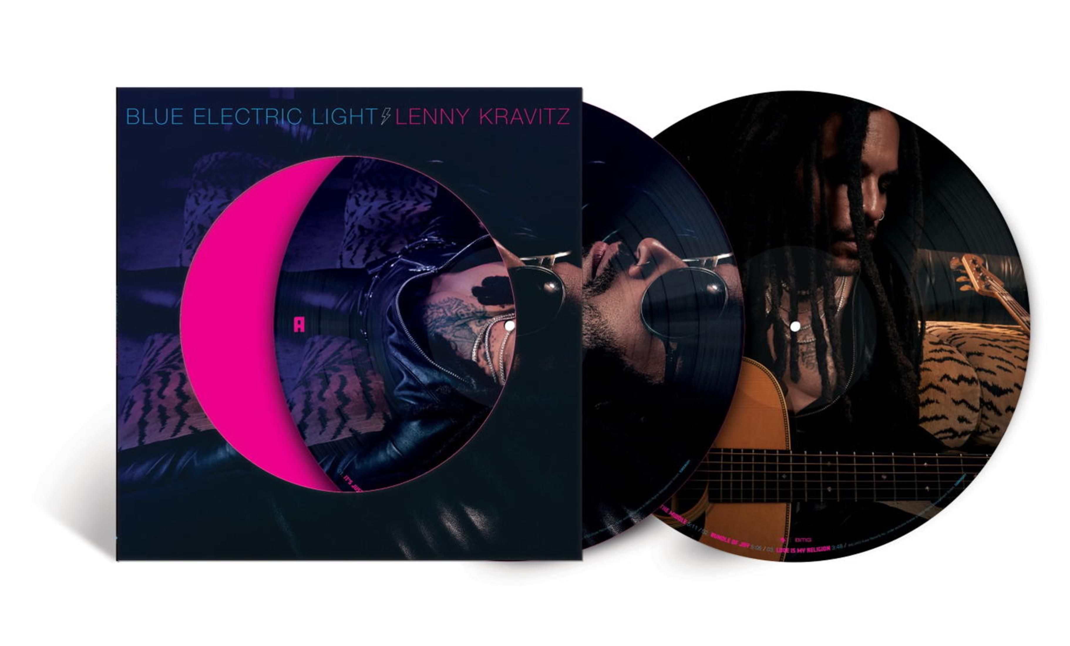 Portada del álbum: Blue Electric Light, Lenny Kravitz, dos imágenes de disco de él.