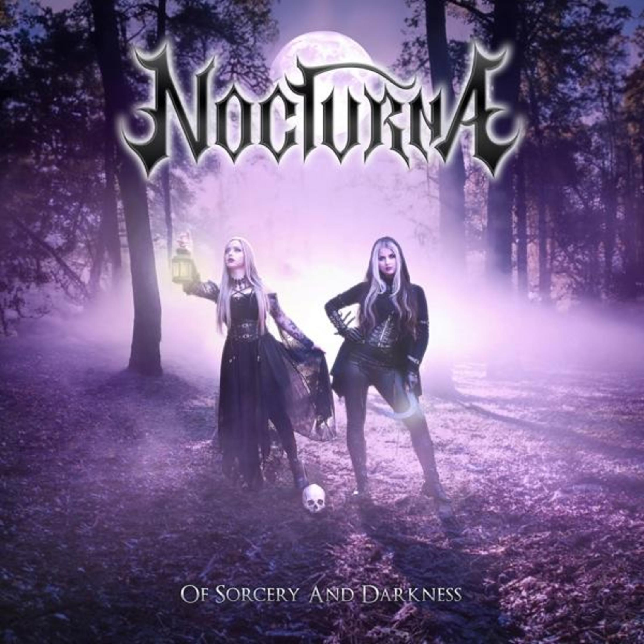 Copertina dell'album: Due donne, una che tiene una lanterna, in una foresta oscura. Titolo: Nocturna, Of Sorcery And Darkness.
