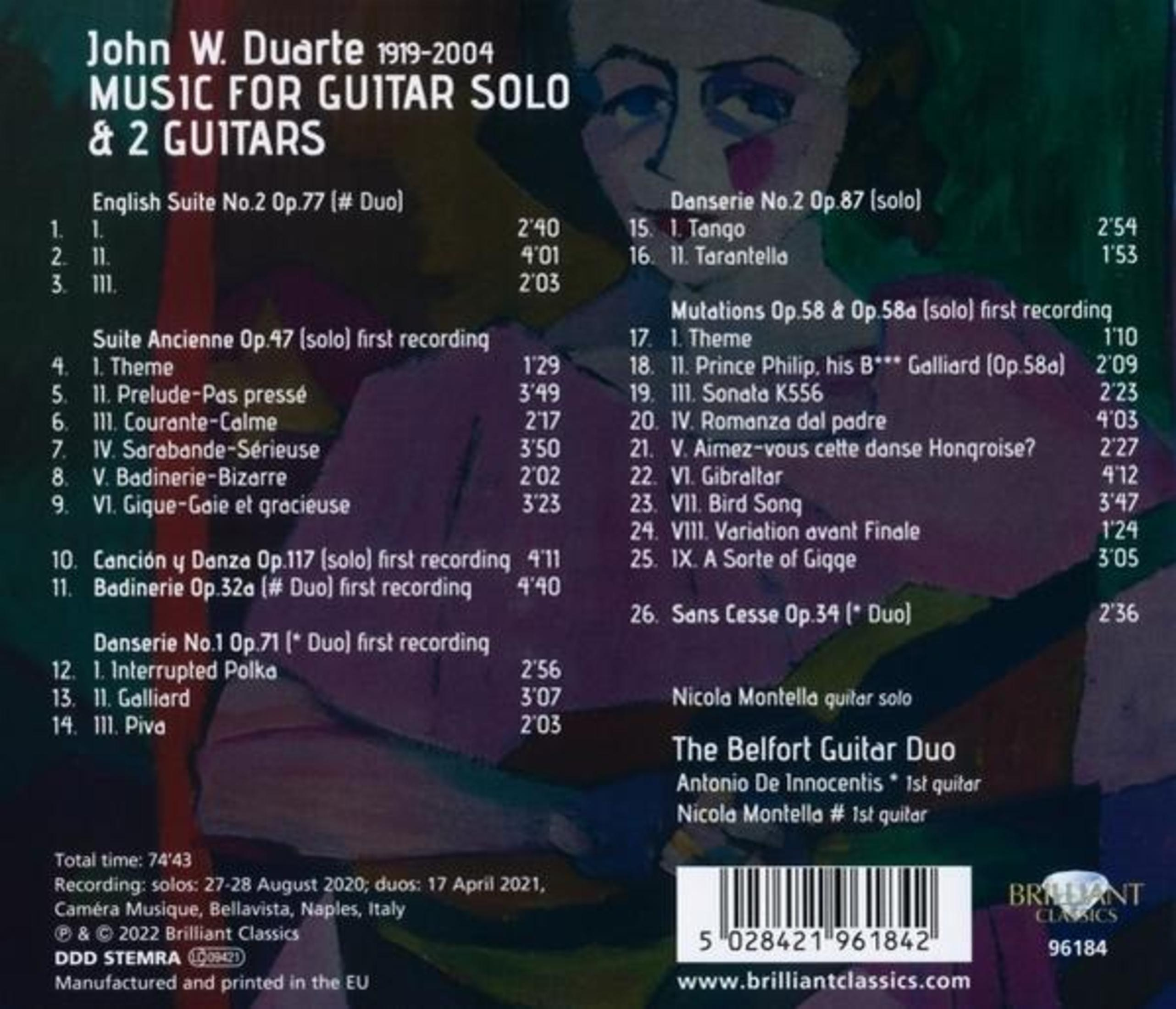 Achterkant van het album met tracklist voor 'Music for Guitar Solo & 2 Guitars'. Bevat opname-info.