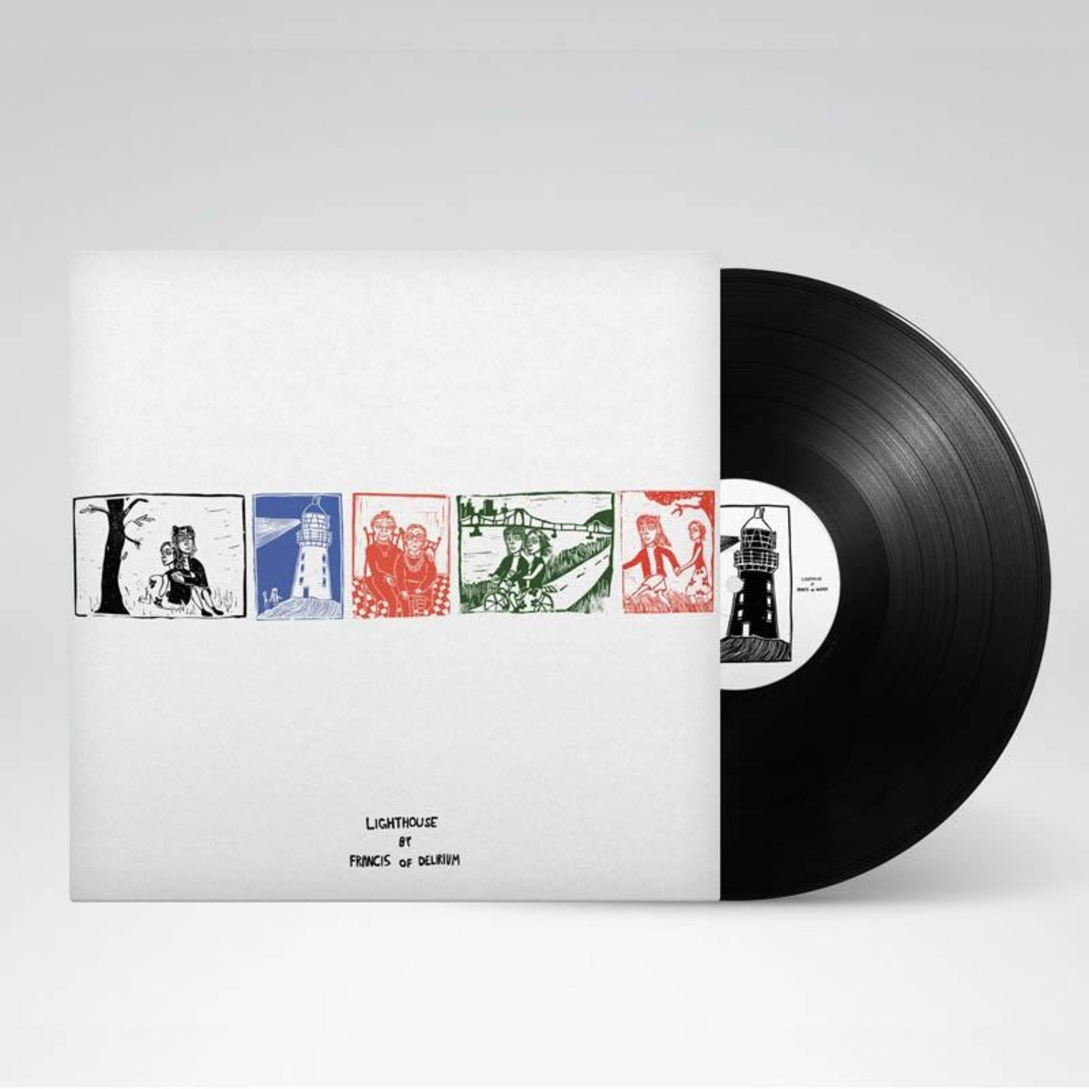 Pochette d'album vinyle avec illustration comprenant des dessins d'un phare.