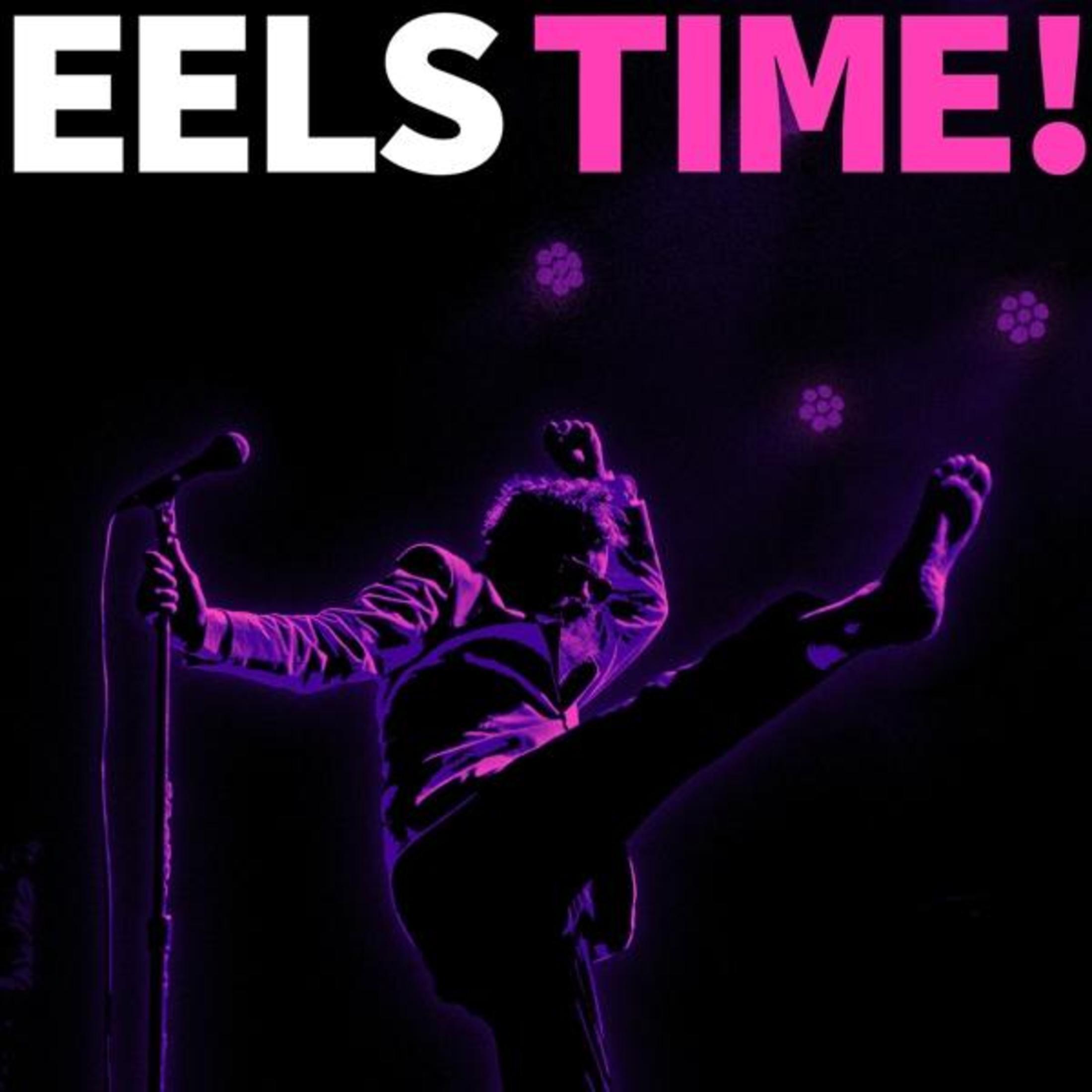 Silhouette di un uomo sul palco che calcia in alto la gamba, con il testo 'EELS TIME!' in bianco e rosa.