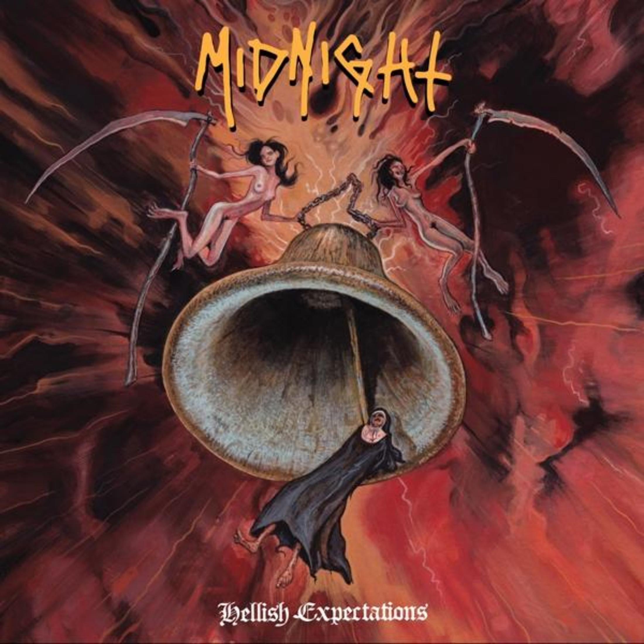 Copertina dell'album per 'Midnight' presenta una scena infernale con figure e una grande campana.