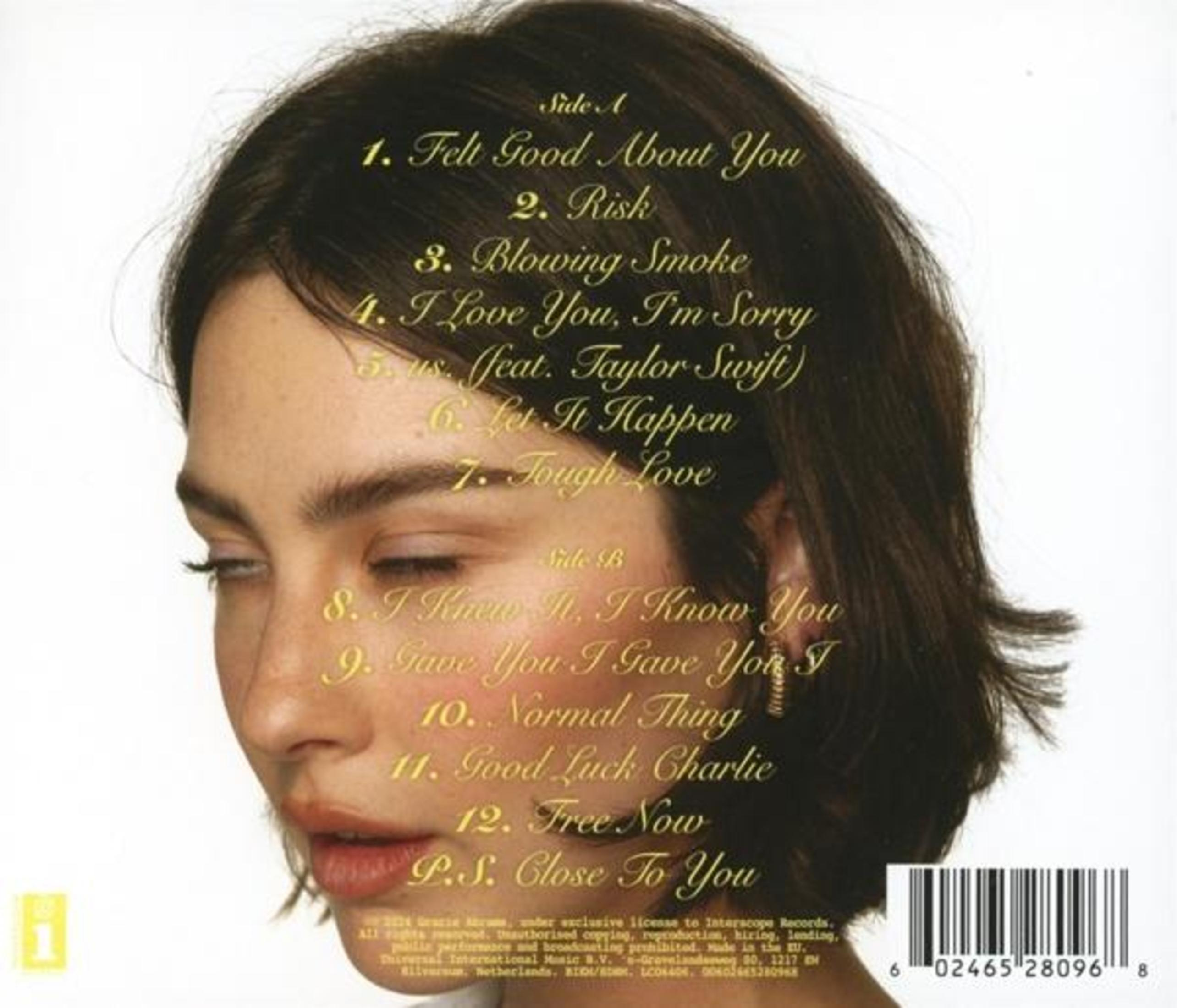 Retro copertina di un album musicale. Il volto di una donna è visibile. Titoli delle canzoni e testo presenti.