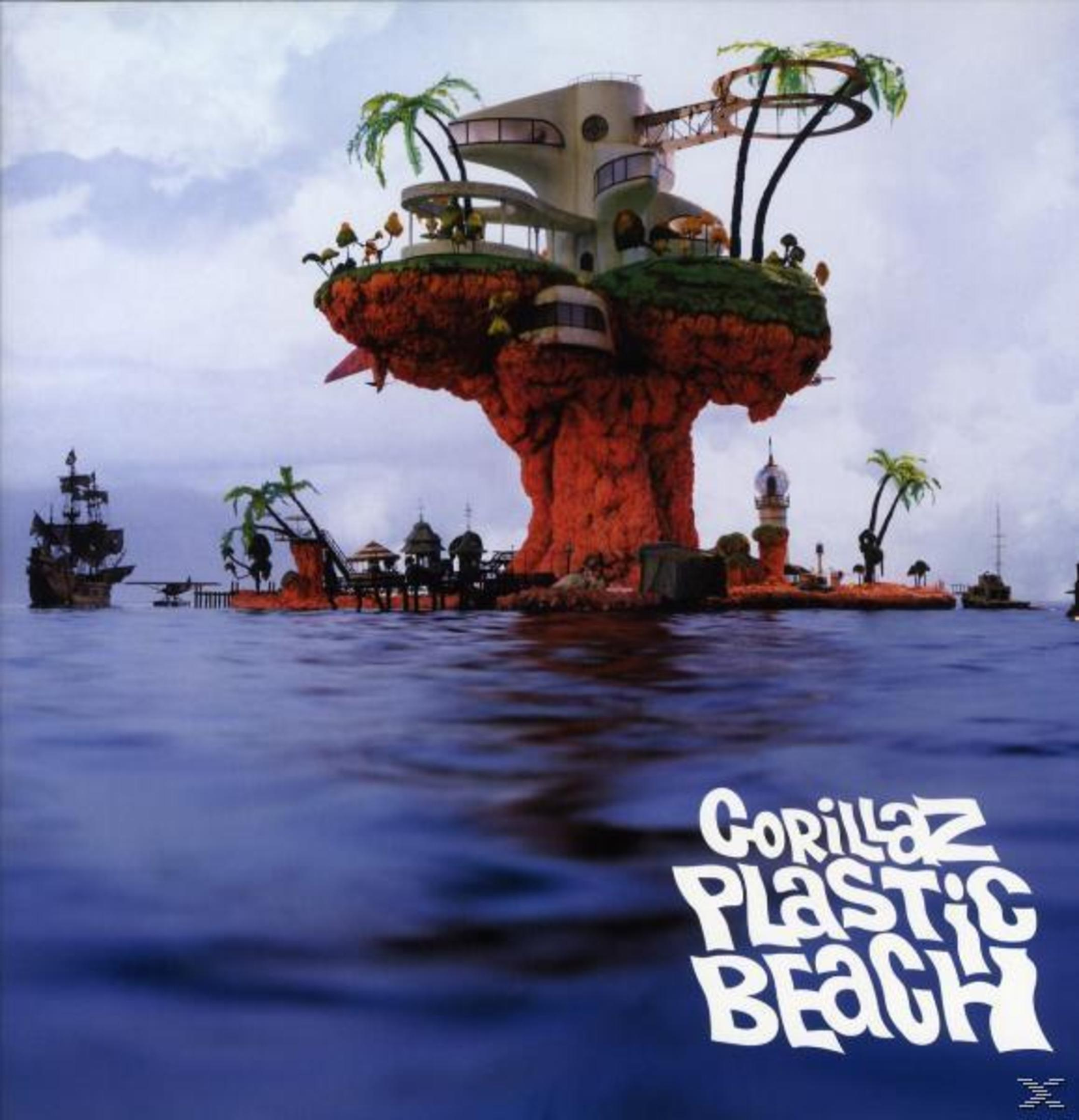 Copertina dell'album Gorillaz. Struttura futuristica di un'isola con palme e acqua.