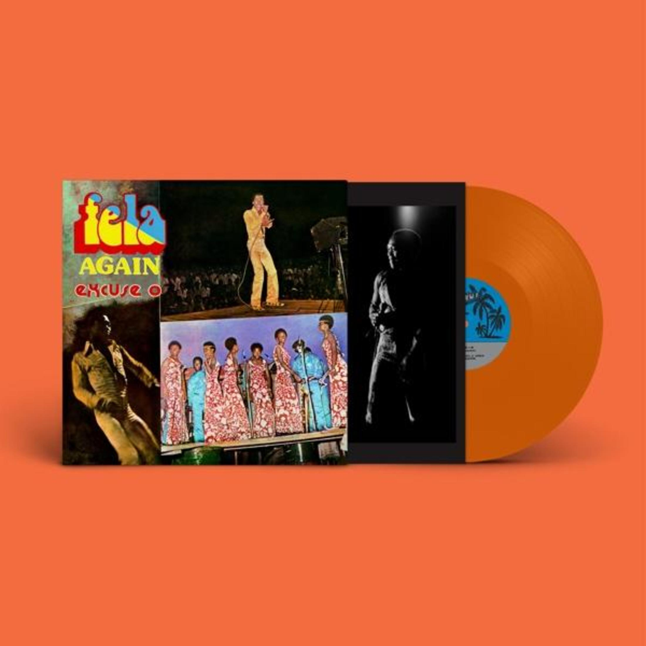 Copertina dell'album con un disco in vinile arancione. Immagine di Fela Kuti che canta. Titolo dell'album "Again".