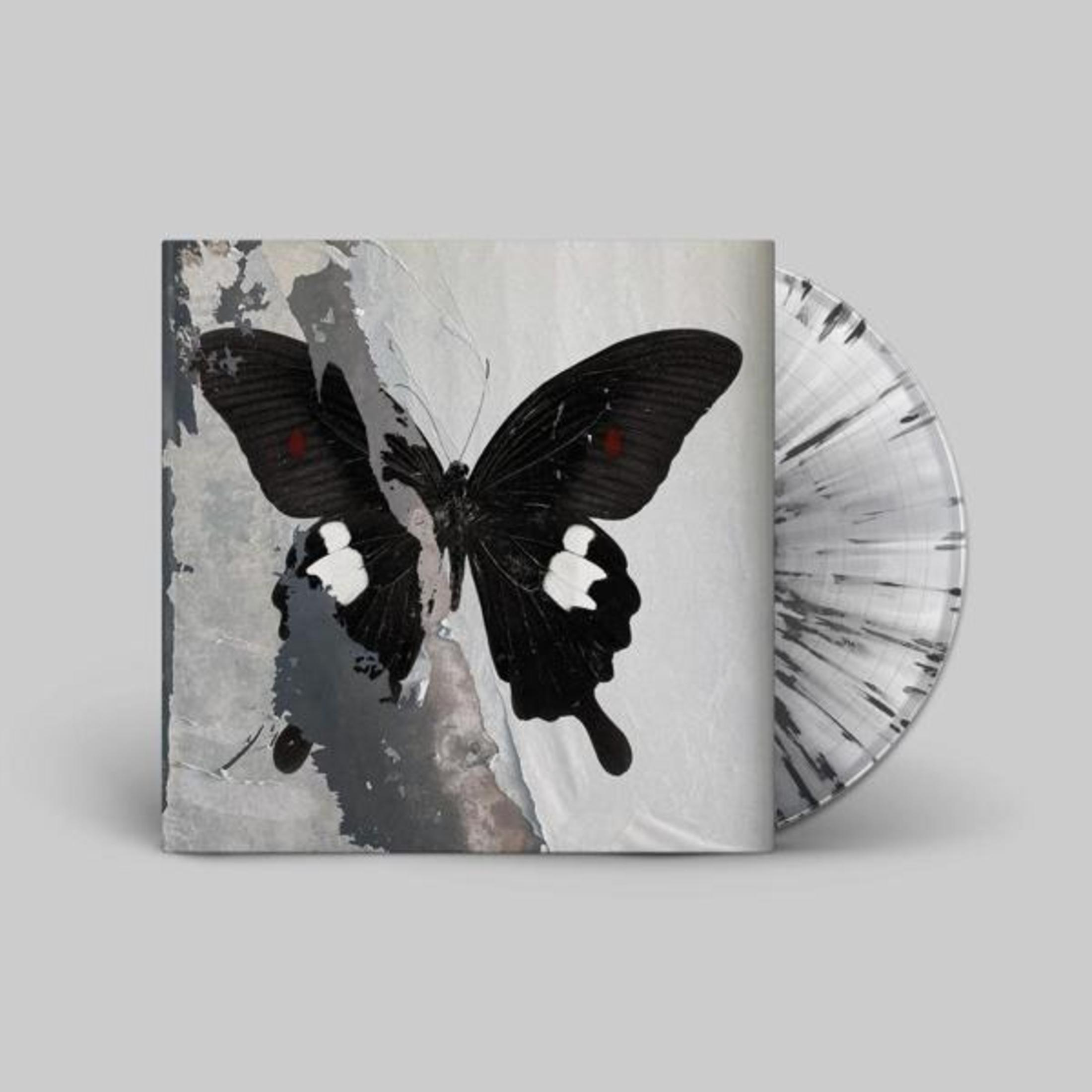 Pochette d'album. Papillon noir sur fond blanc avec un disque vinyle.