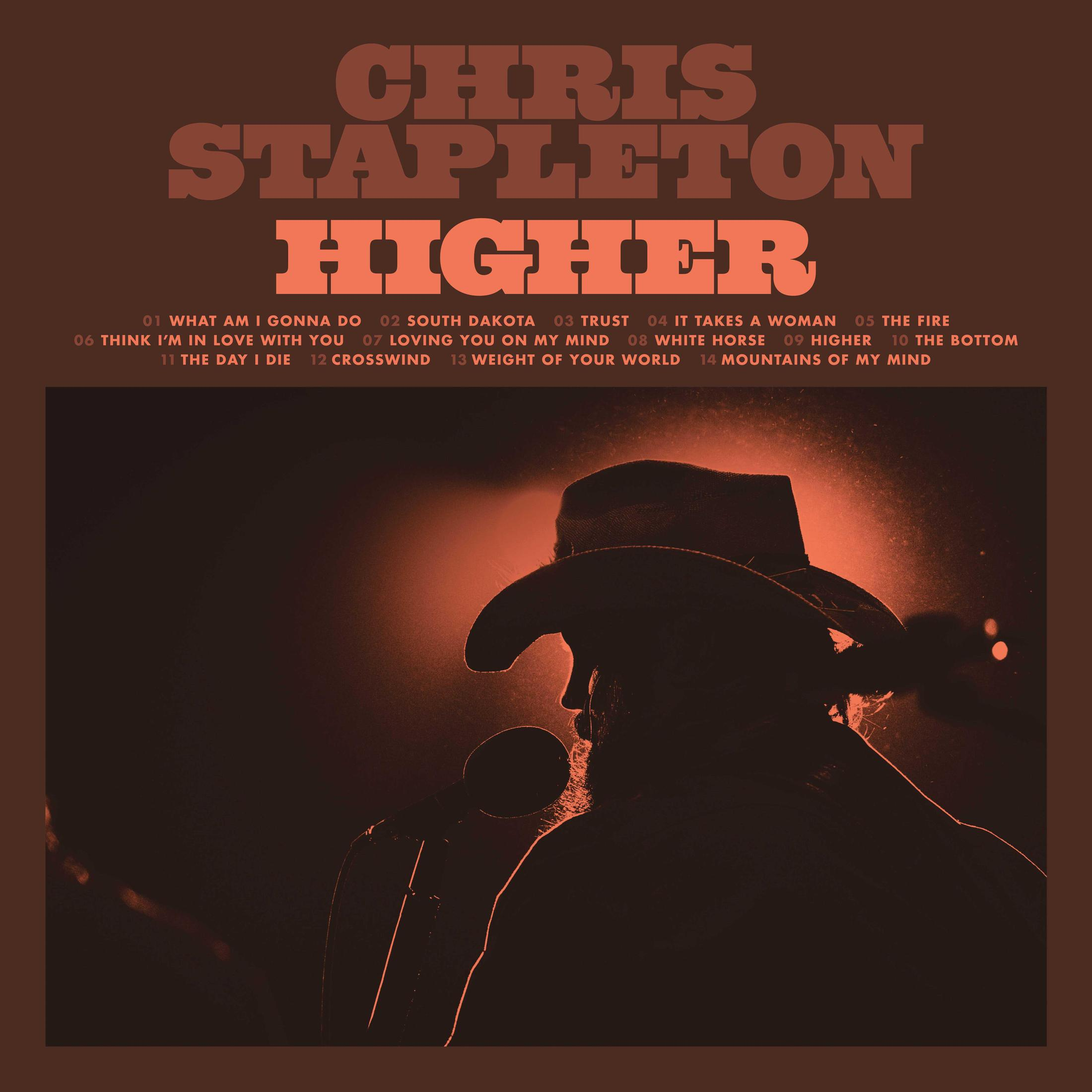 Albumhoes met silhouet van een man, tekst: "Chris Stapleton Higher" en songtitels.