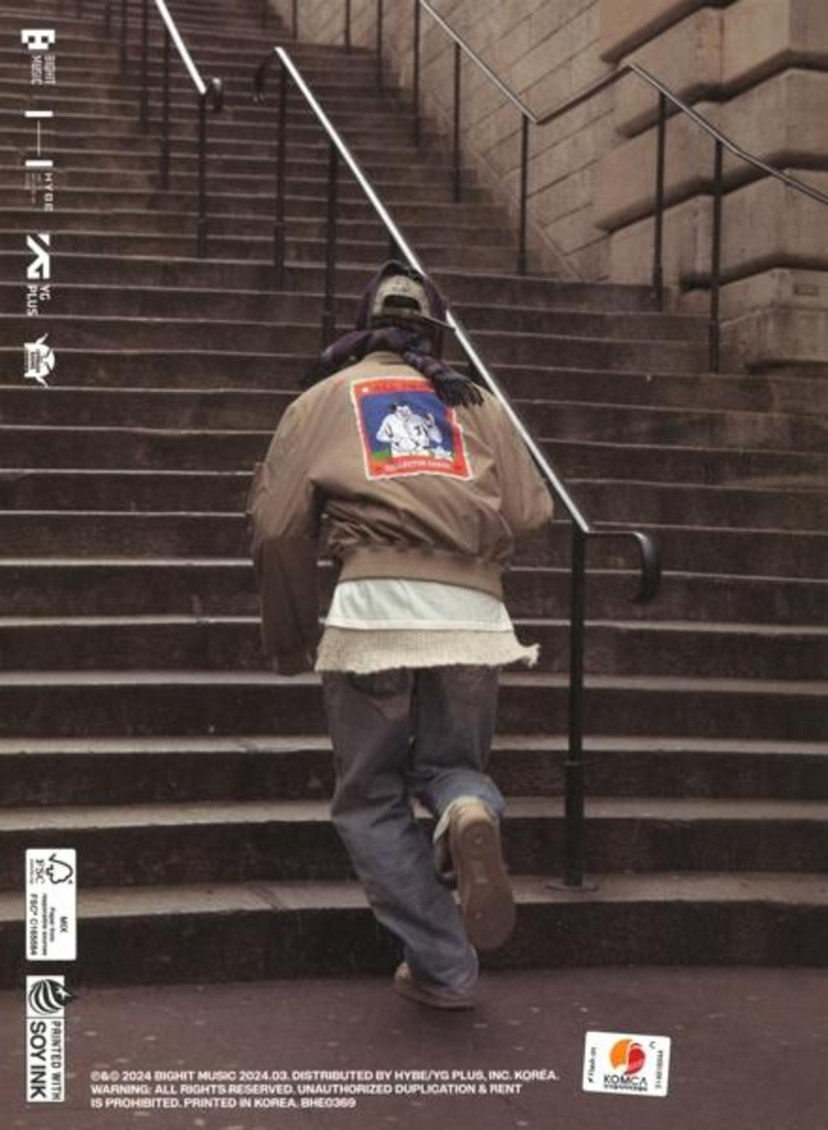 Person walking up stairs, wearing a jacket, and pants. The person is facing away from the camera.
