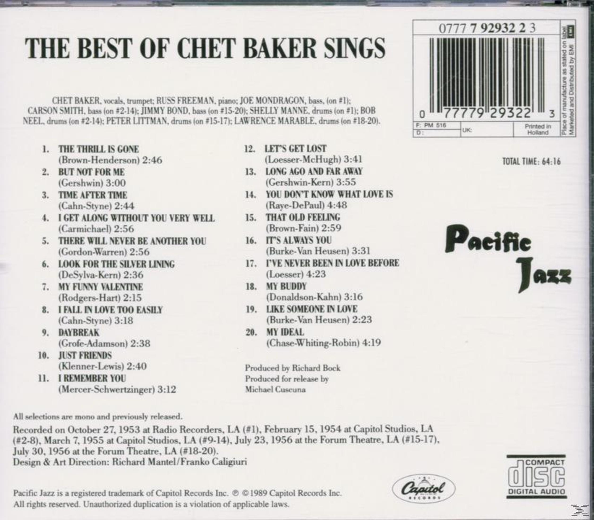 Albumhoes van Chet Baker. Tekst: The Best of Chet Baker Sings. Vermeldt nummers en credits.