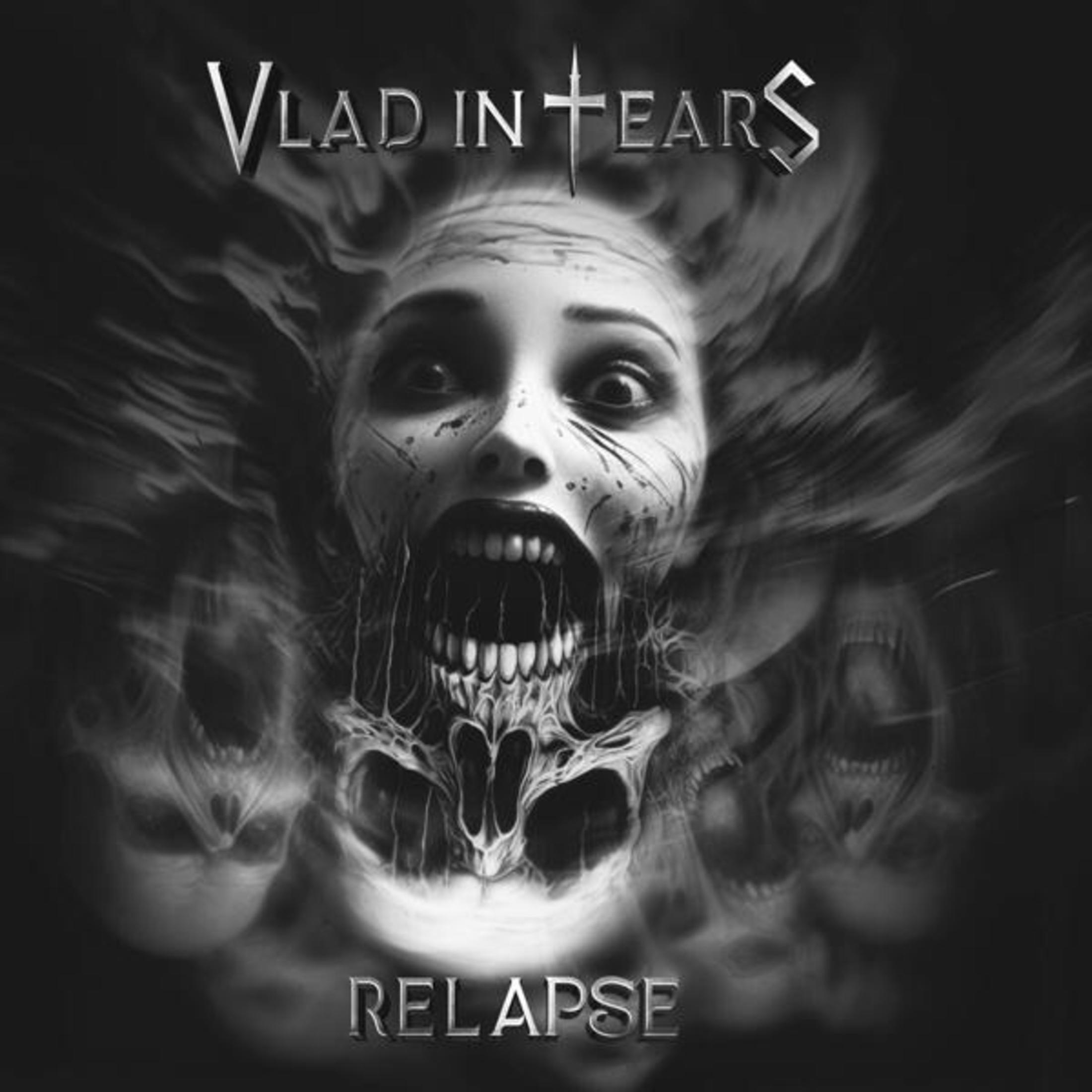 Pochette d'album, visage de crâne hurlant, noir et blanc.