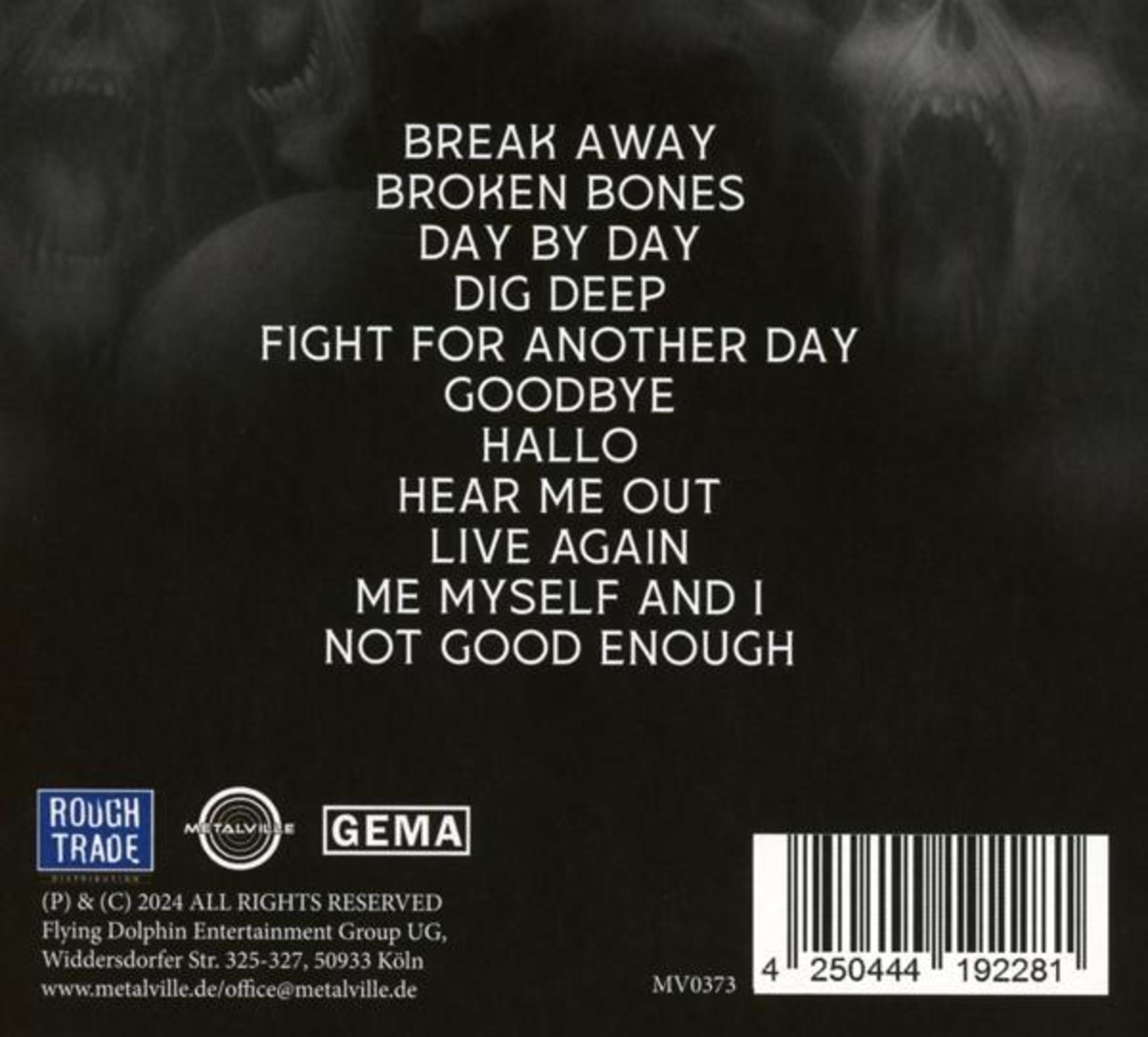 Dos de l'album avec liste des titres et logo. Fond noir, texte blanc.