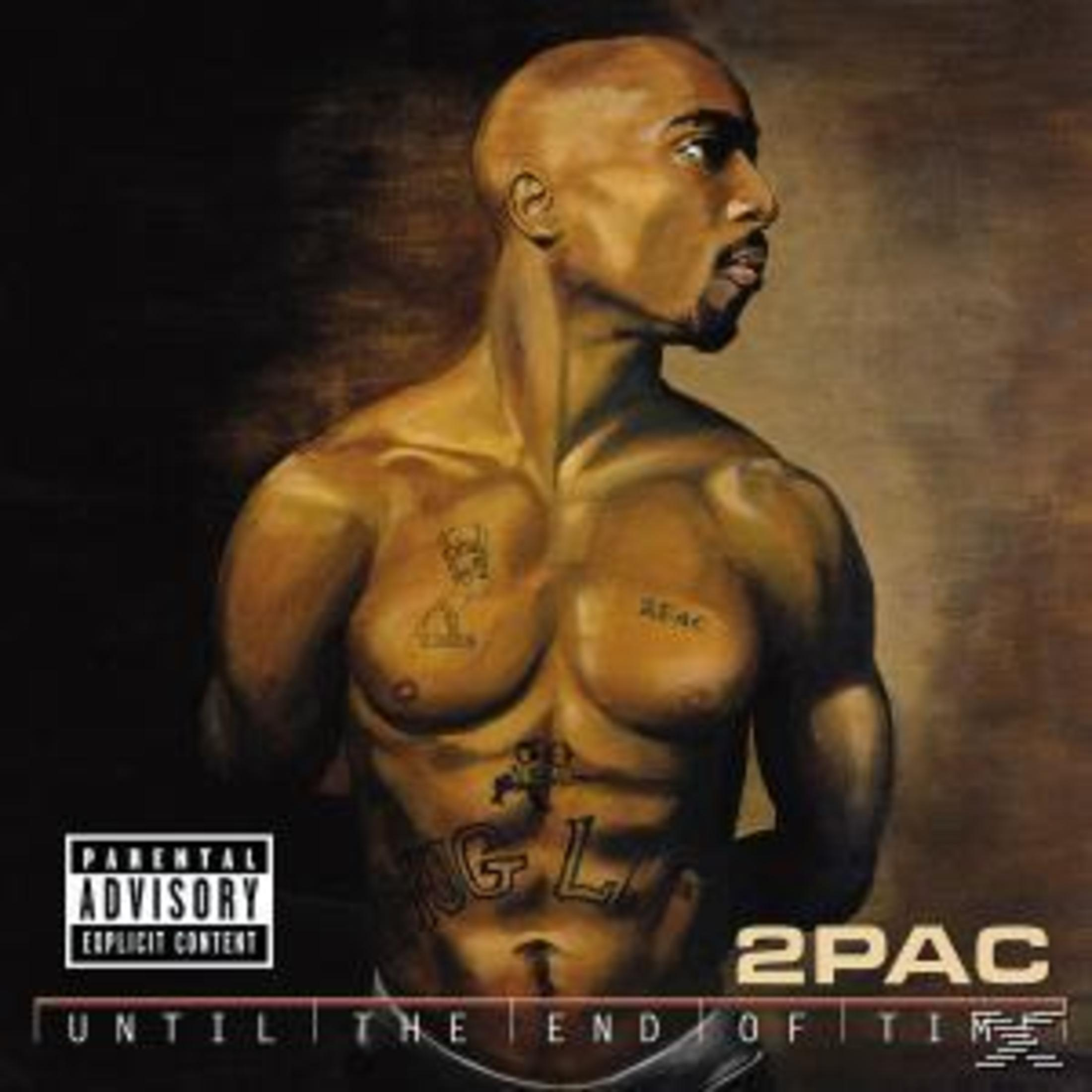 2Pac albumhoes, man zonder shirt met tatoeages. Titel: Tot het einde der tijden.