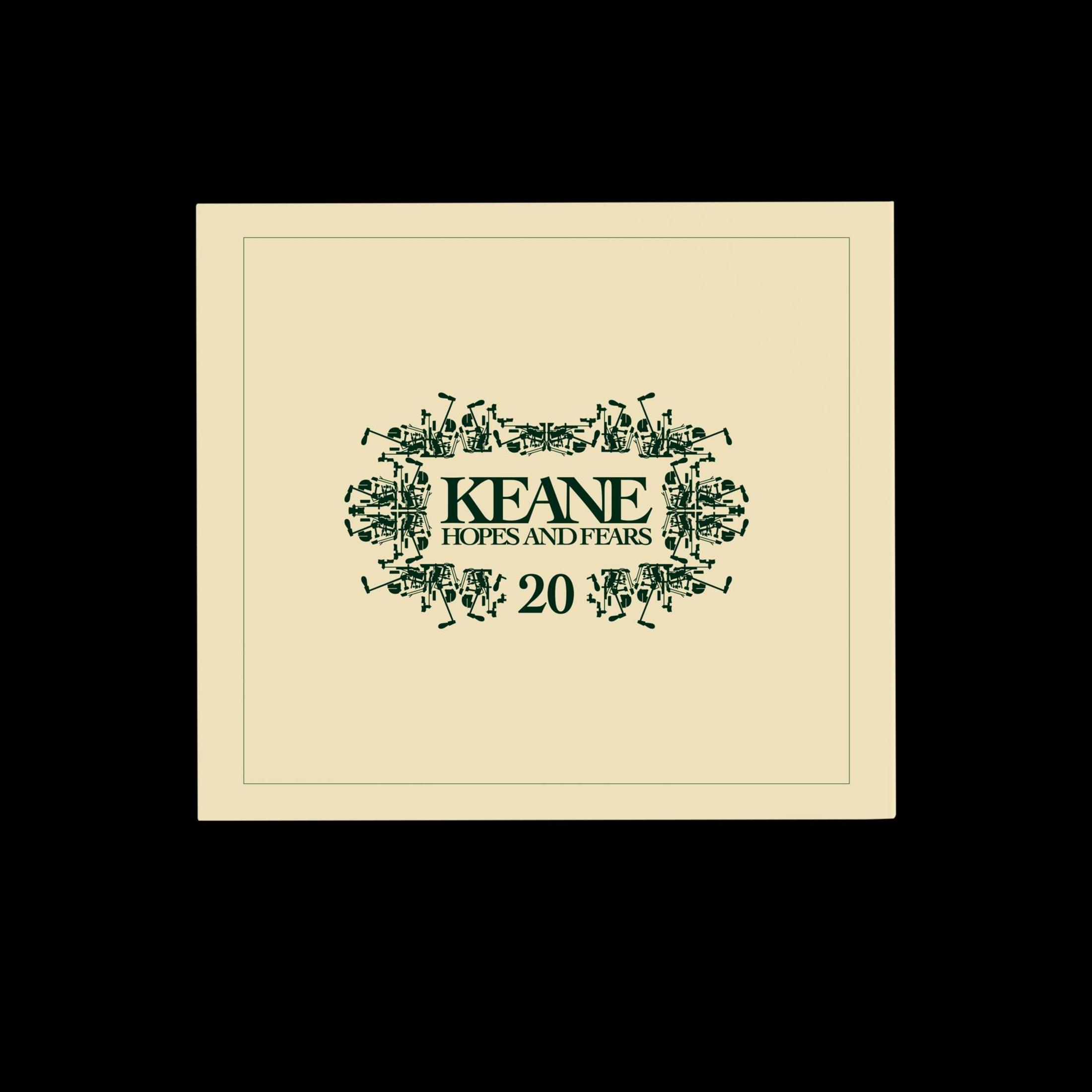 Albumhoes met groene tekst op een beige achtergrond. Het woord 'Keane' is gecentreerd, omringd door vormen.