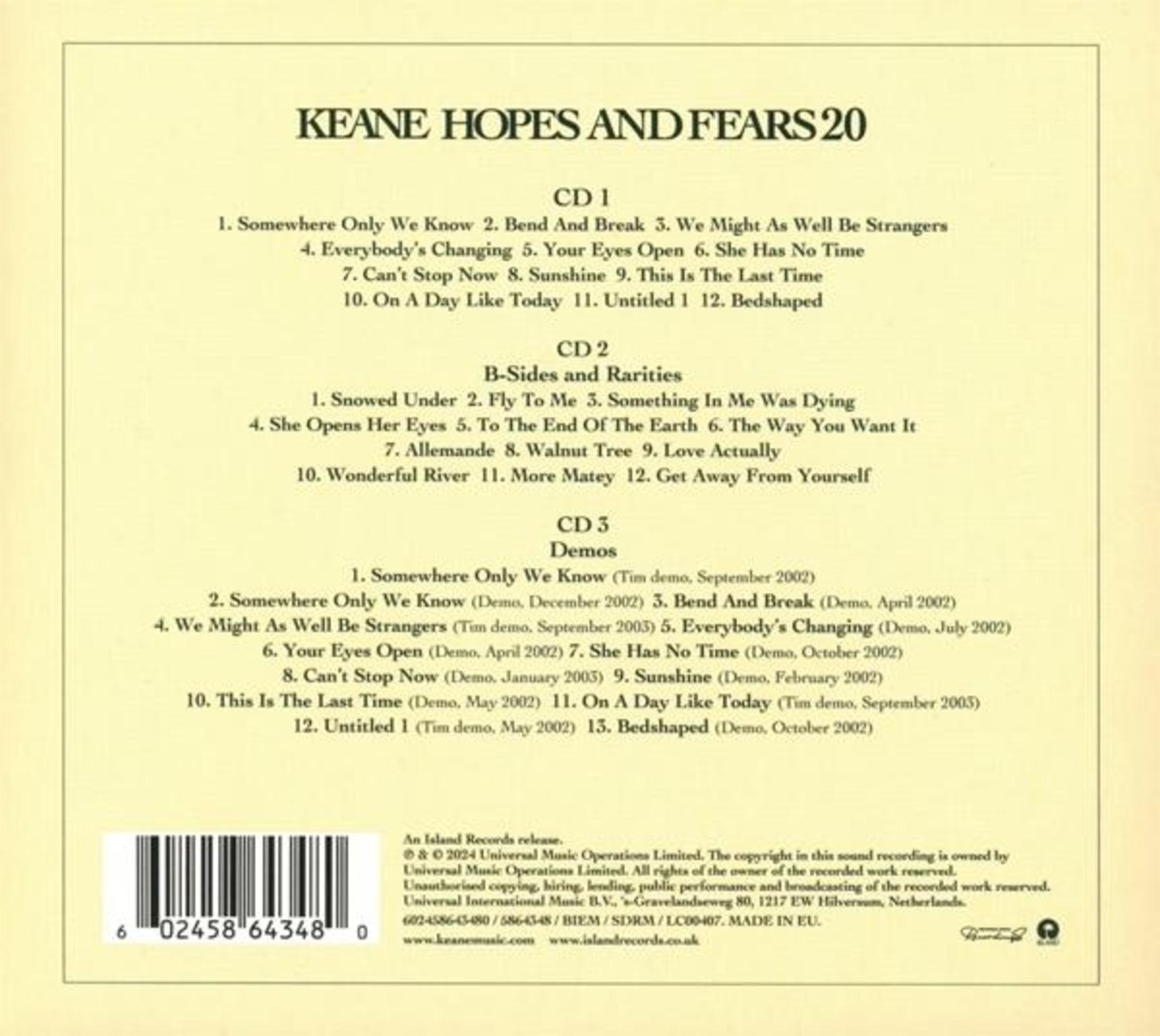 CD-hoes met tracklijsten voor het album 'Hopes and Fears 20' van Keane.
