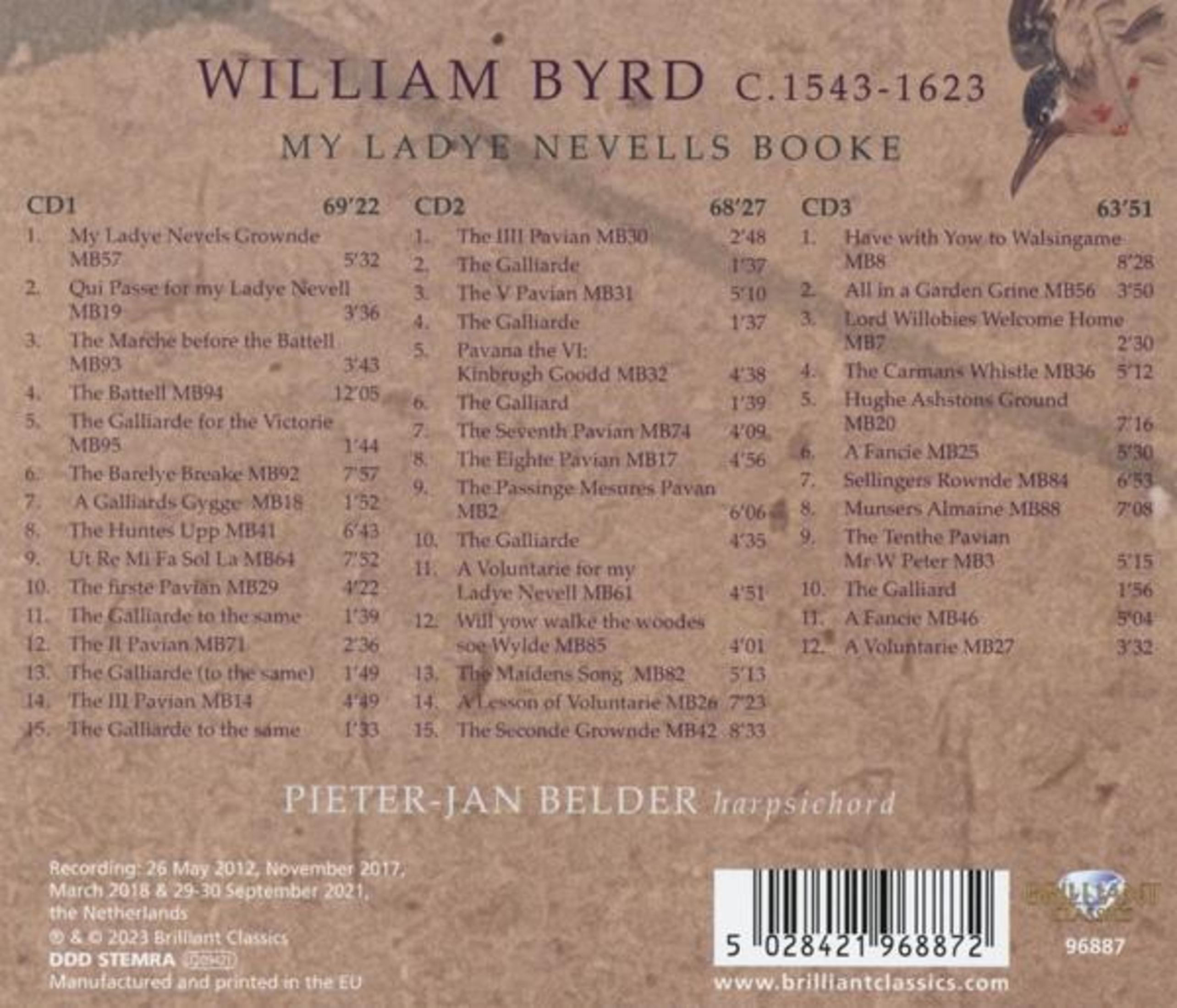 Back of a CD case with a tracklist and credits. Text is black on a red background.