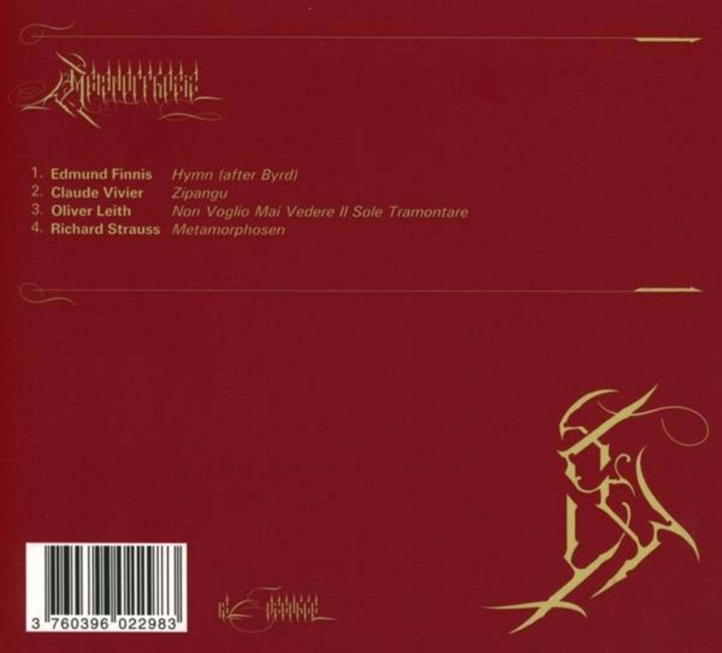 Dos de l'album. Liste des titres sur fond rouge. Texte blanc. Une figure dorée et abstraite à droite.