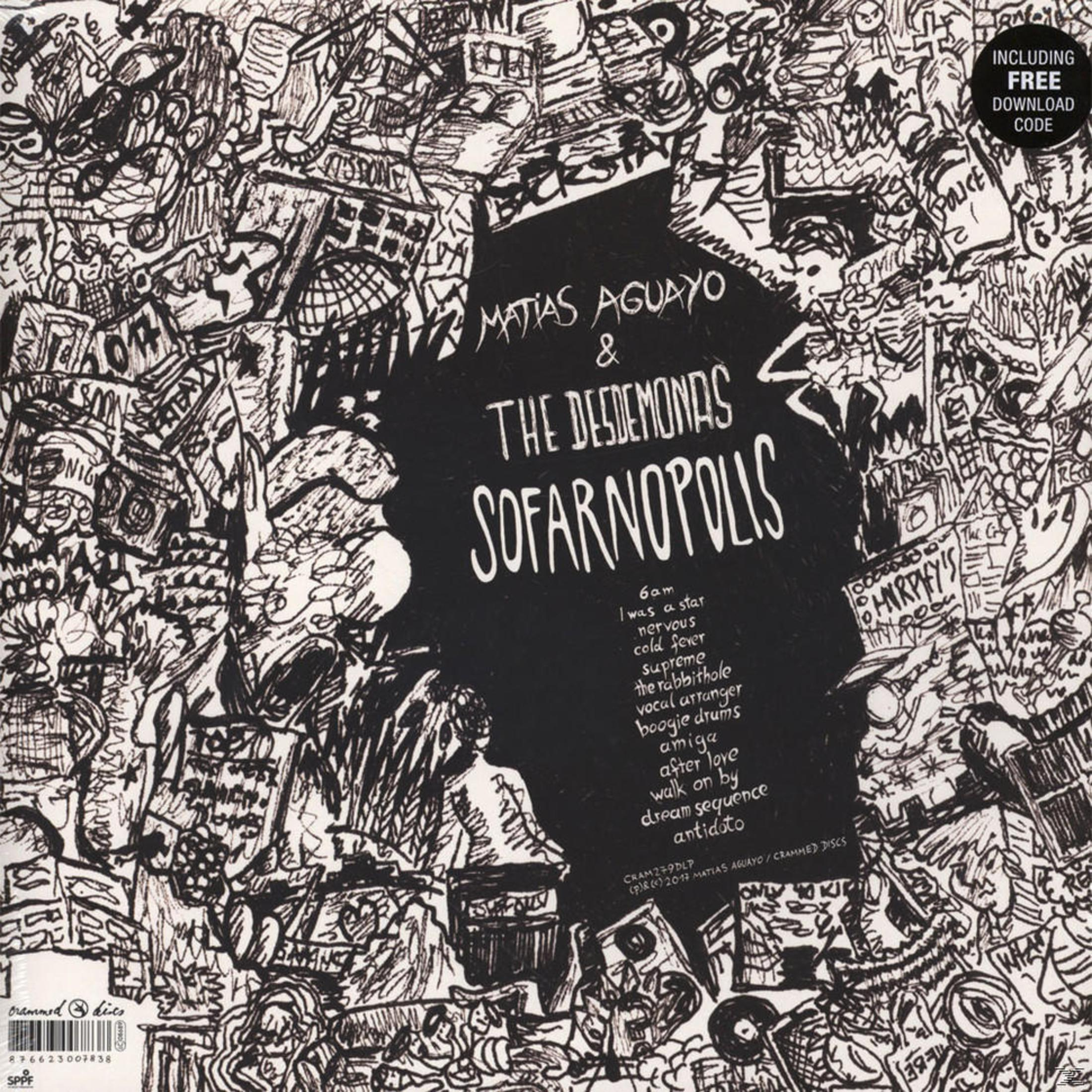 Black and white album cover. Scribbled art around a black center with white text: Matias Aguayo and The Desdemonas.