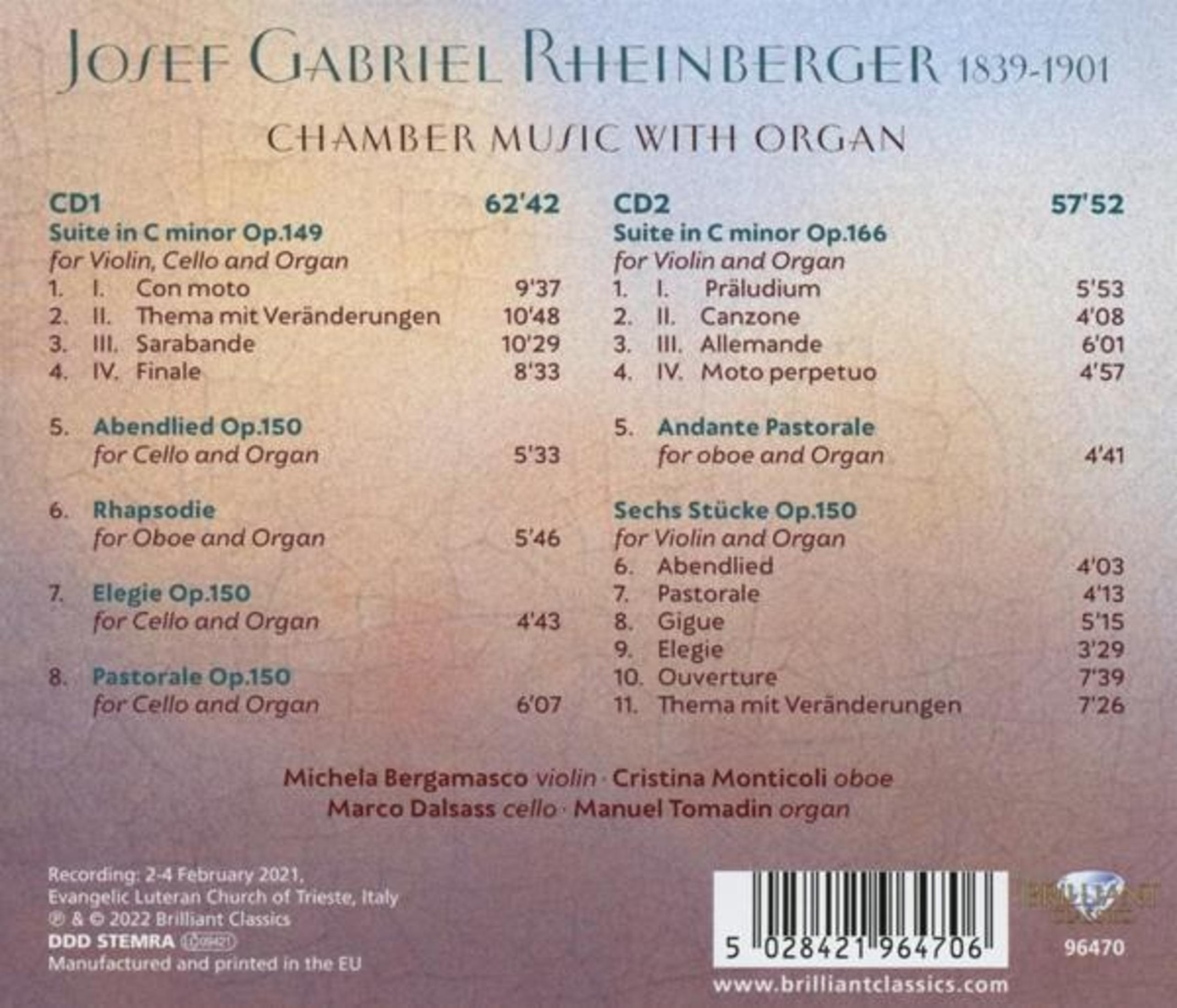 CD-hoes, met tekst, met kamermuziekstukken van Josef Rheinberger. Bevat namen van uitvoerders en opnamedetails.