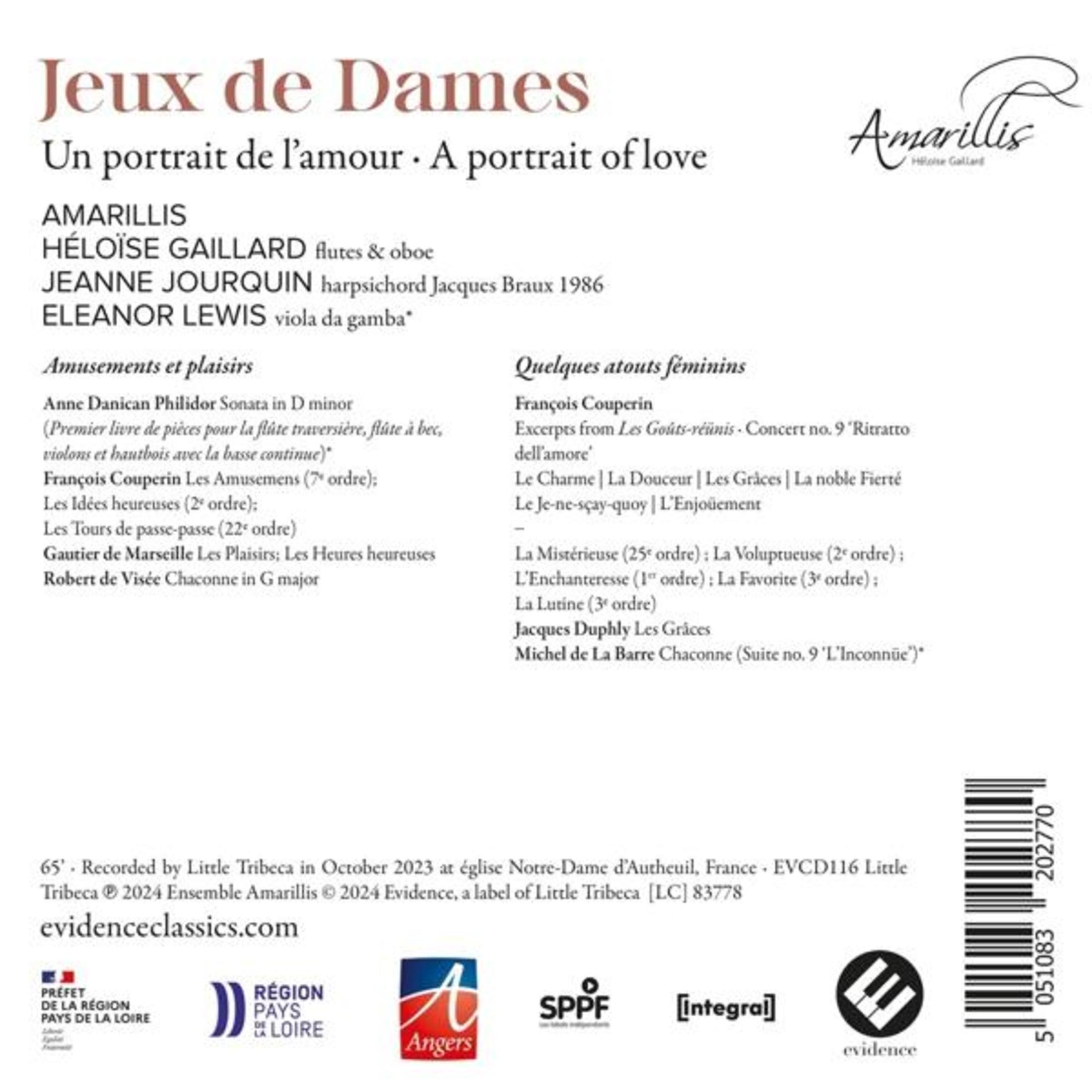 Portada de CD de música: Texto sobre 'Jeux de Dames' y notas musicales, logo y créditos.