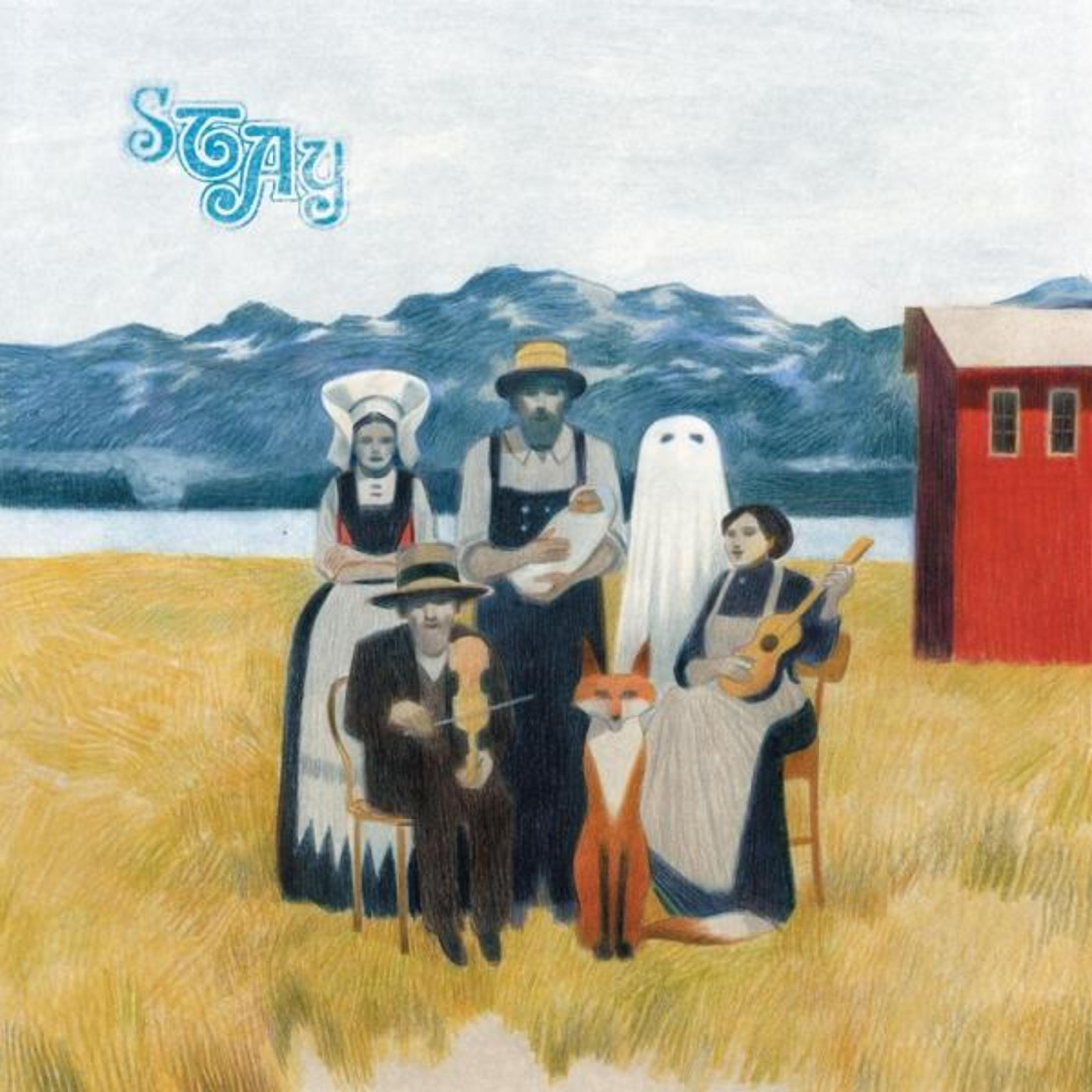 Copertina dell'album, ritratto di famiglia. Sei persone, tra cui un fantasma e una volpe, in un campo con montagne e una casa rossa.