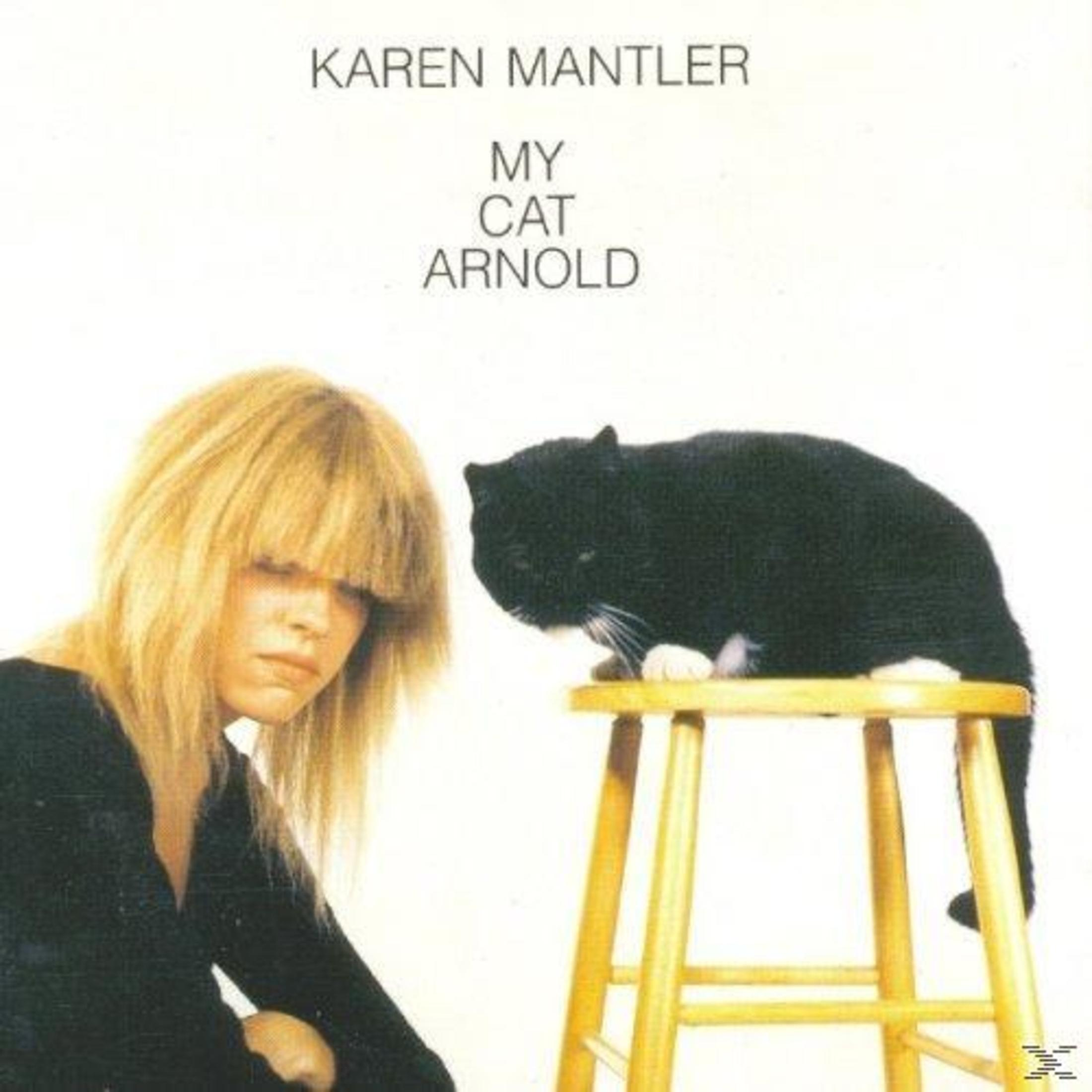 Een vrouw met blond haar kijkt naar beneden, naast een zwarte kat op een houten kruk. Albumtitel: My Cat Arnold.