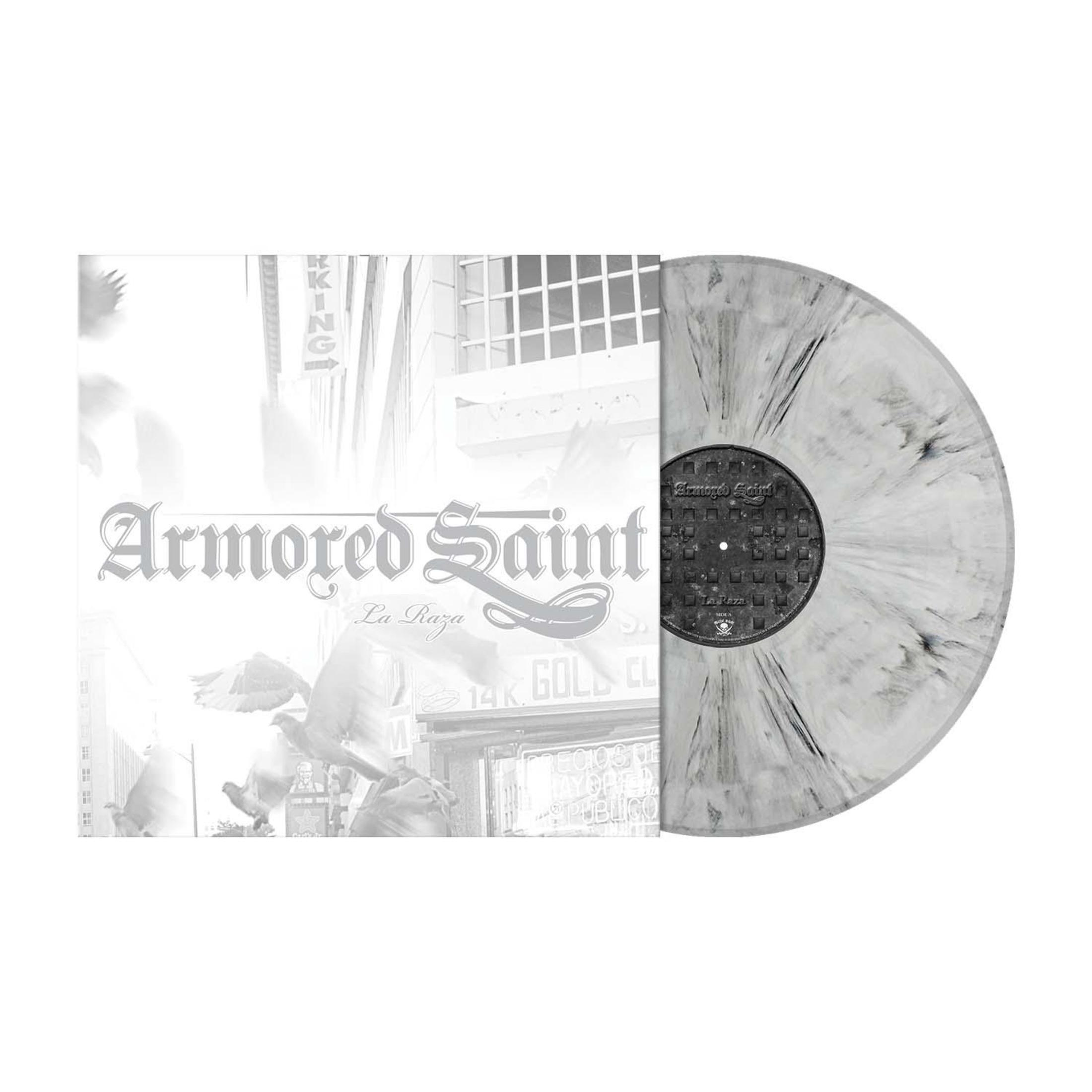 Copertina dell'album con vinile. Titolo: 'Armored Saint La Raza'. Design bianco e nero.