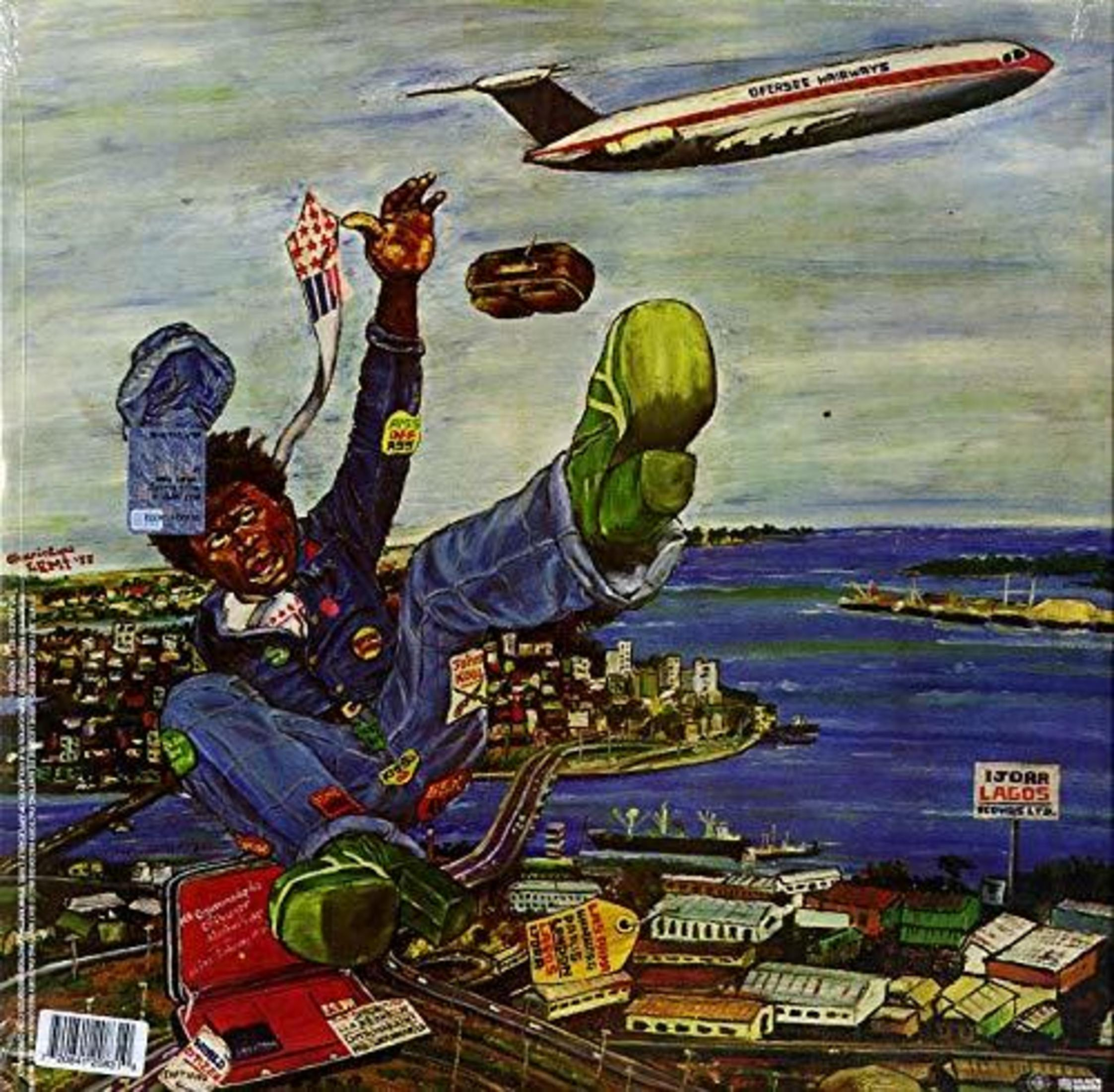 Pochette d'album avec une personne qui tombe, un paysage urbain et un avion en vol.
