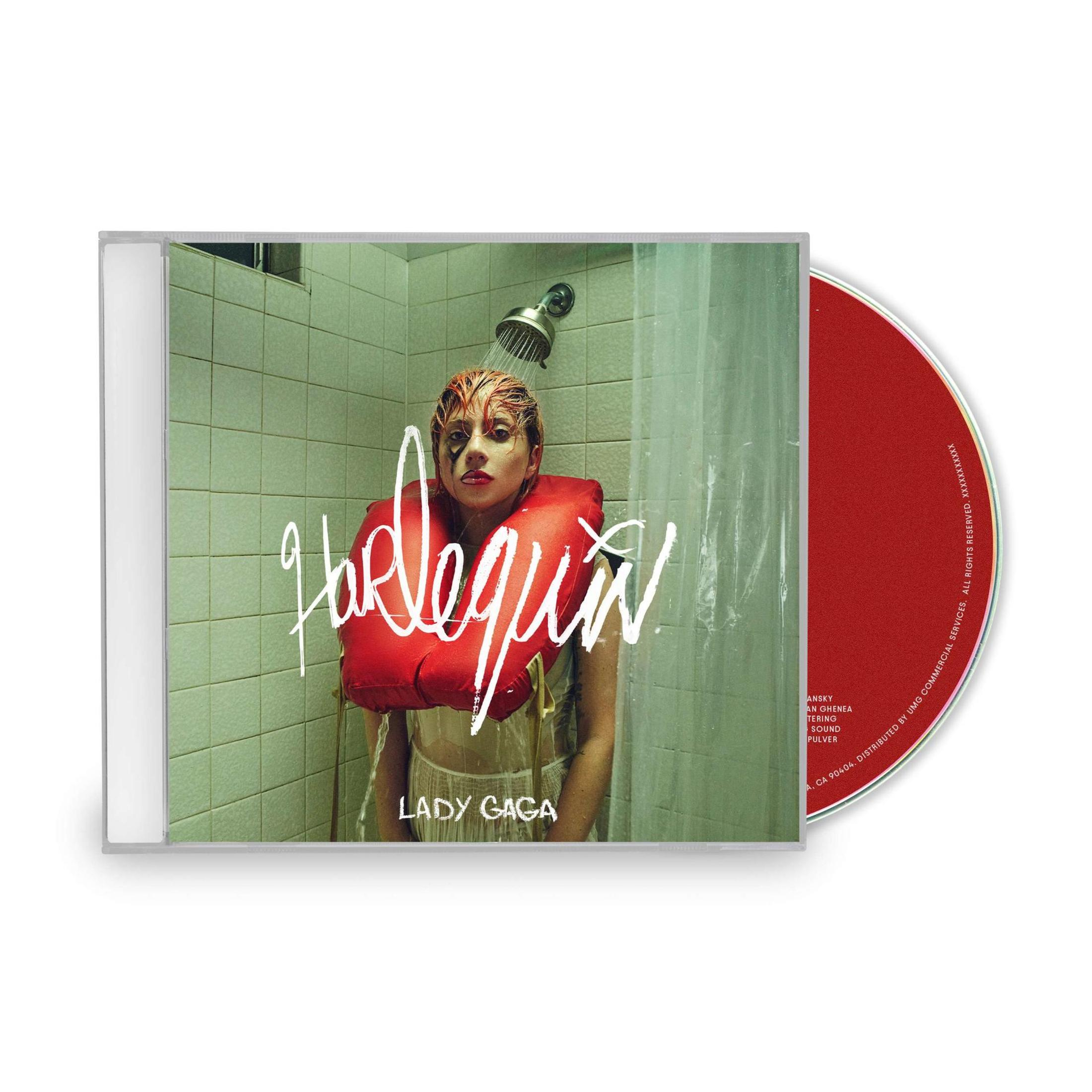 Portada del álbum con Lady Gaga en una ducha. El título 'Harlequin' está escrito en la parte delantera.
