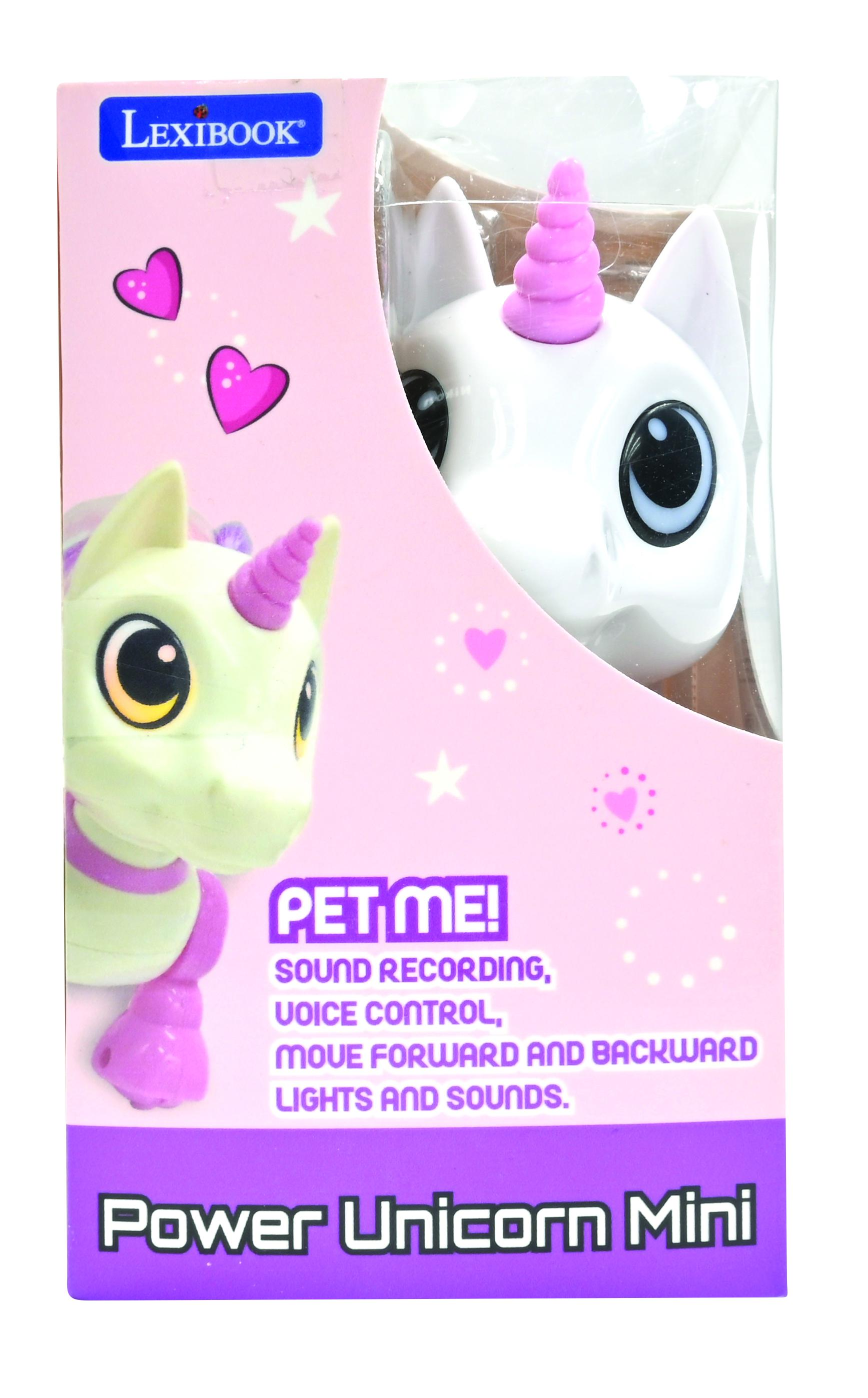 Unicornio de juguete en caja. Unicornio blanco con melena rosa, fondo rosa.