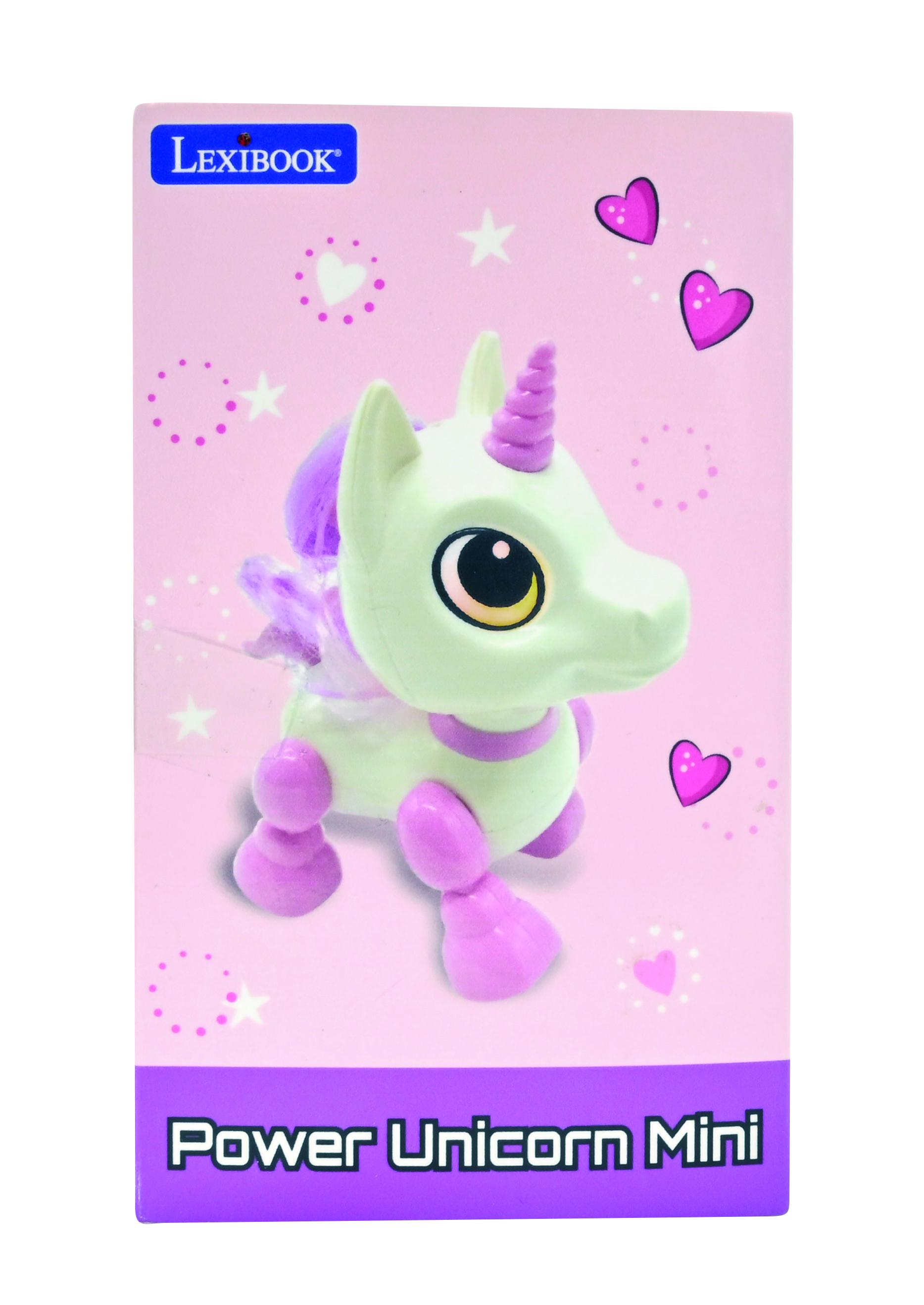 Unicornio de juguete en caja. El unicornio está en fondo rosa con corazones.