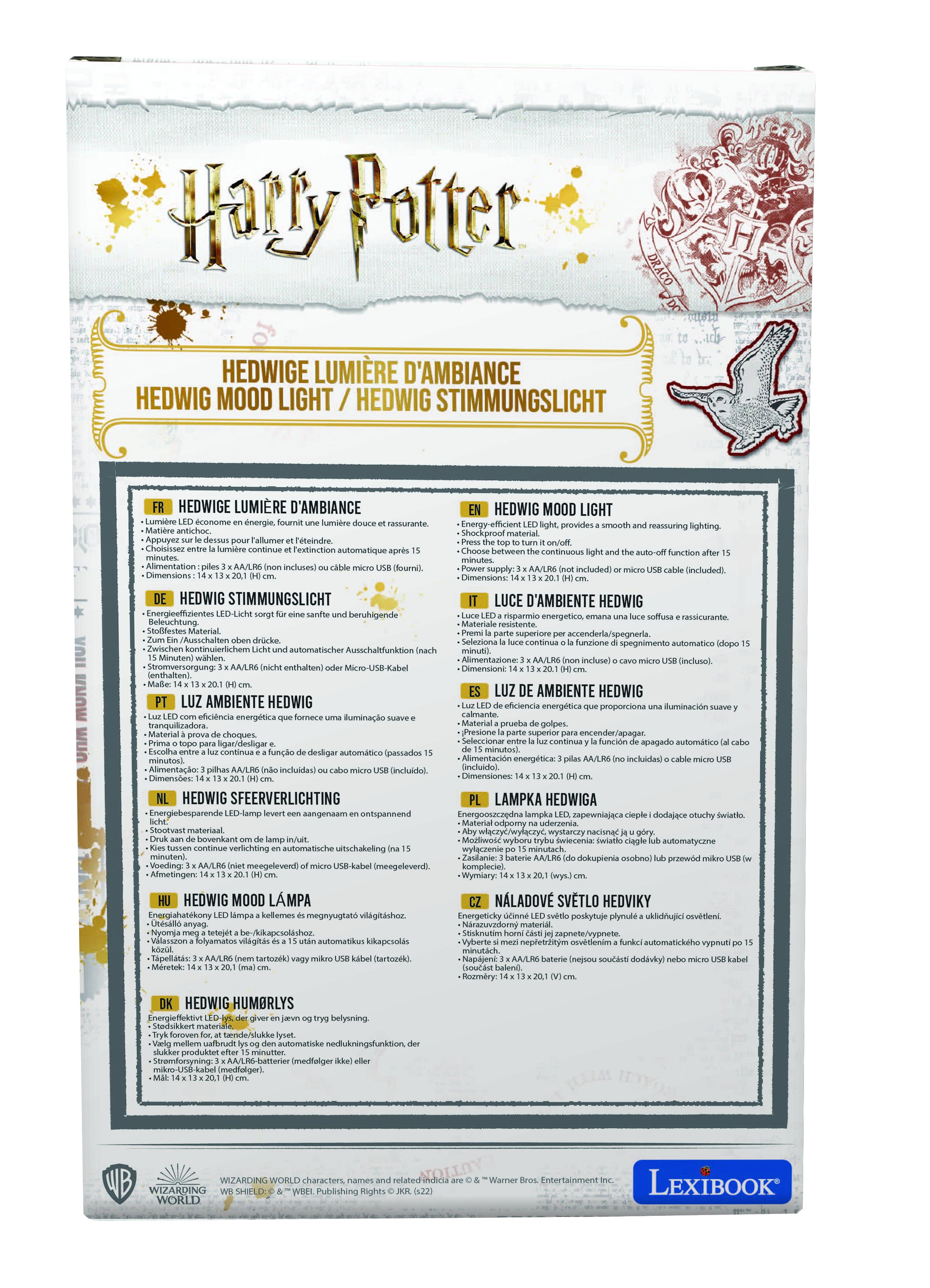 Parte trasera de una caja de luz ambiental Hedwig de Harry Potter. Texto en varios idiomas.