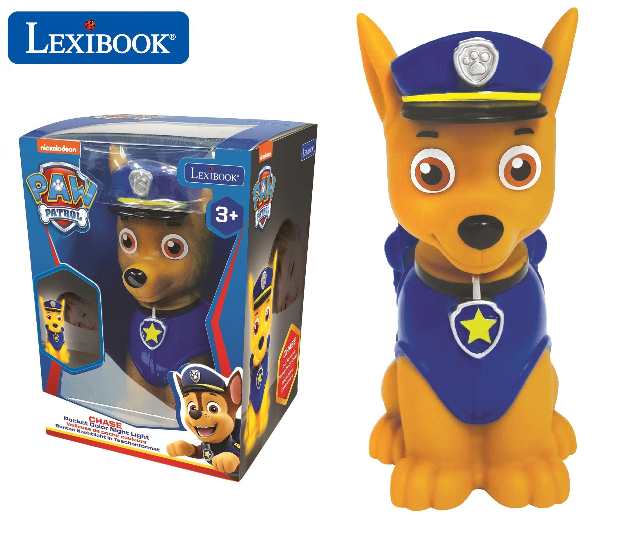Una luz nocturna de Chase y su caja. La luz es un perro de dibujos animados con gorra de policía.