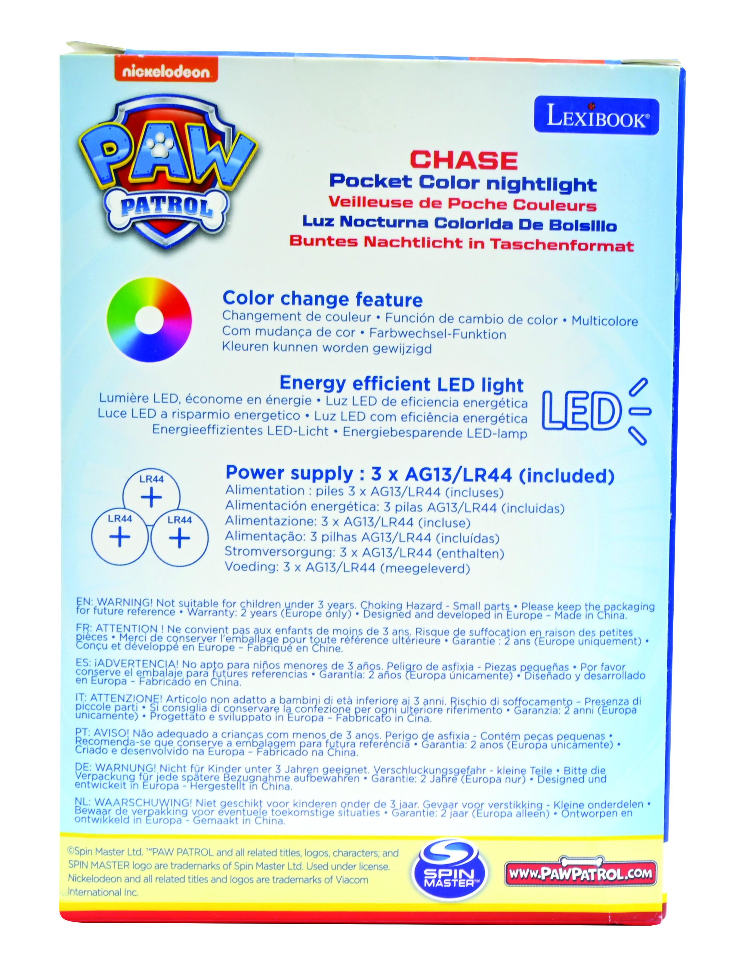 Parte trasera de una caja de luz nocturna Chase con texto en varios idiomas.