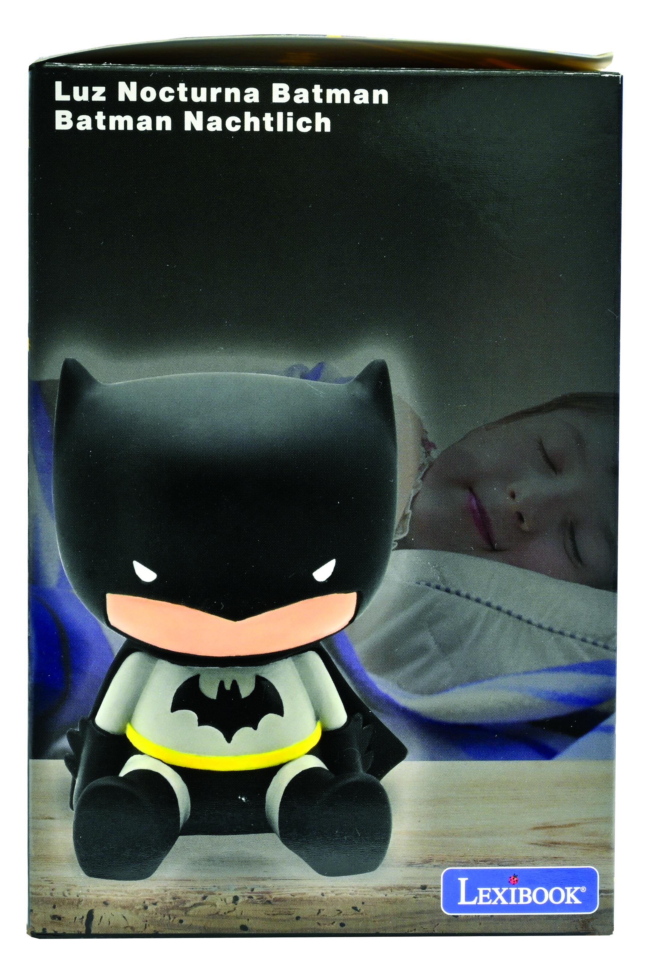Luz de noche de Batman negra. Tiene un logo de Batman en el pecho. La caja tiene texto en inglés y alemán.