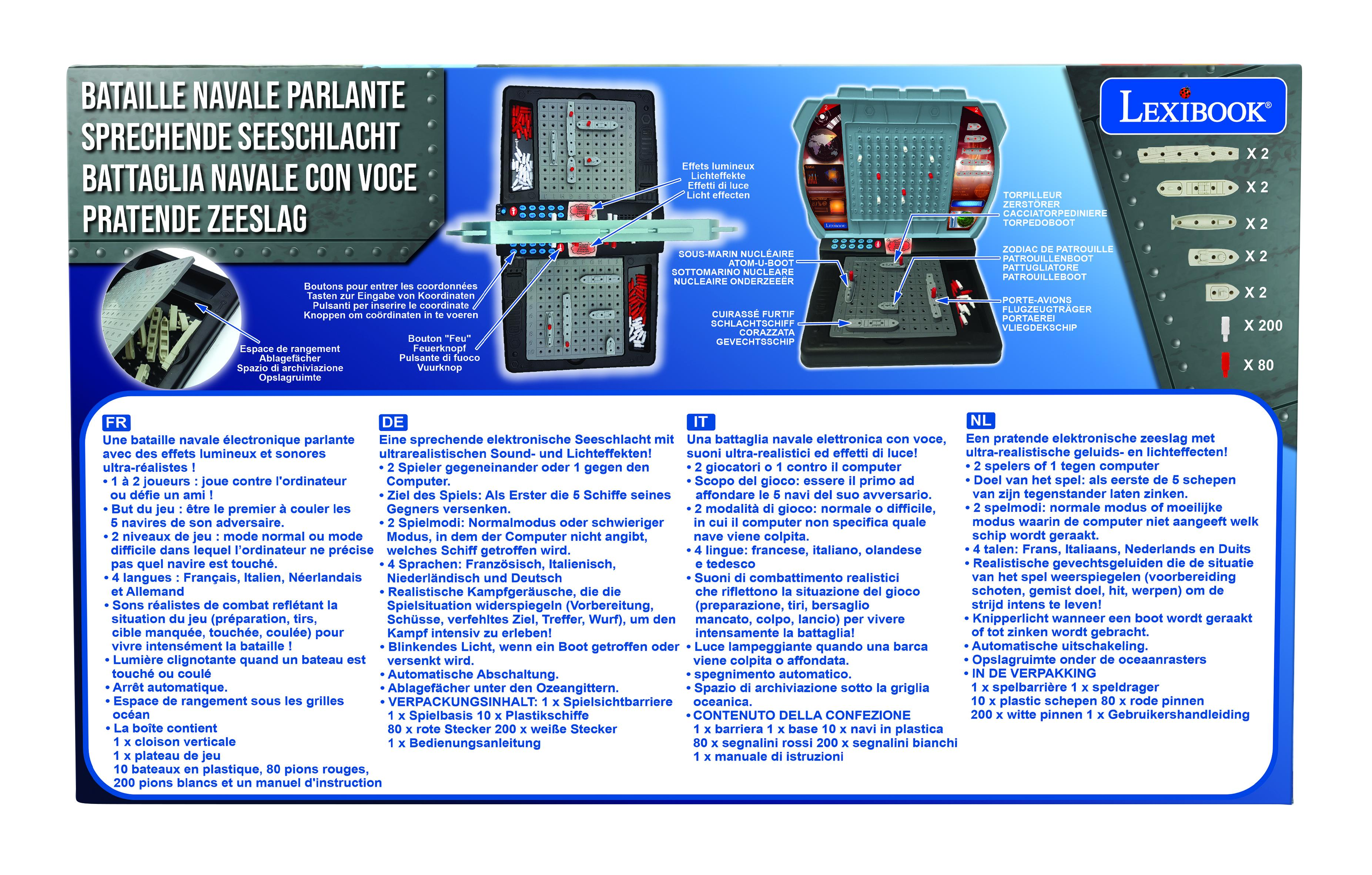 Pudełko gry Battleship z tekstem. Niebieskie pudełko z obrazem gry. Wybuchające kształty. Tekst w wielu językach.