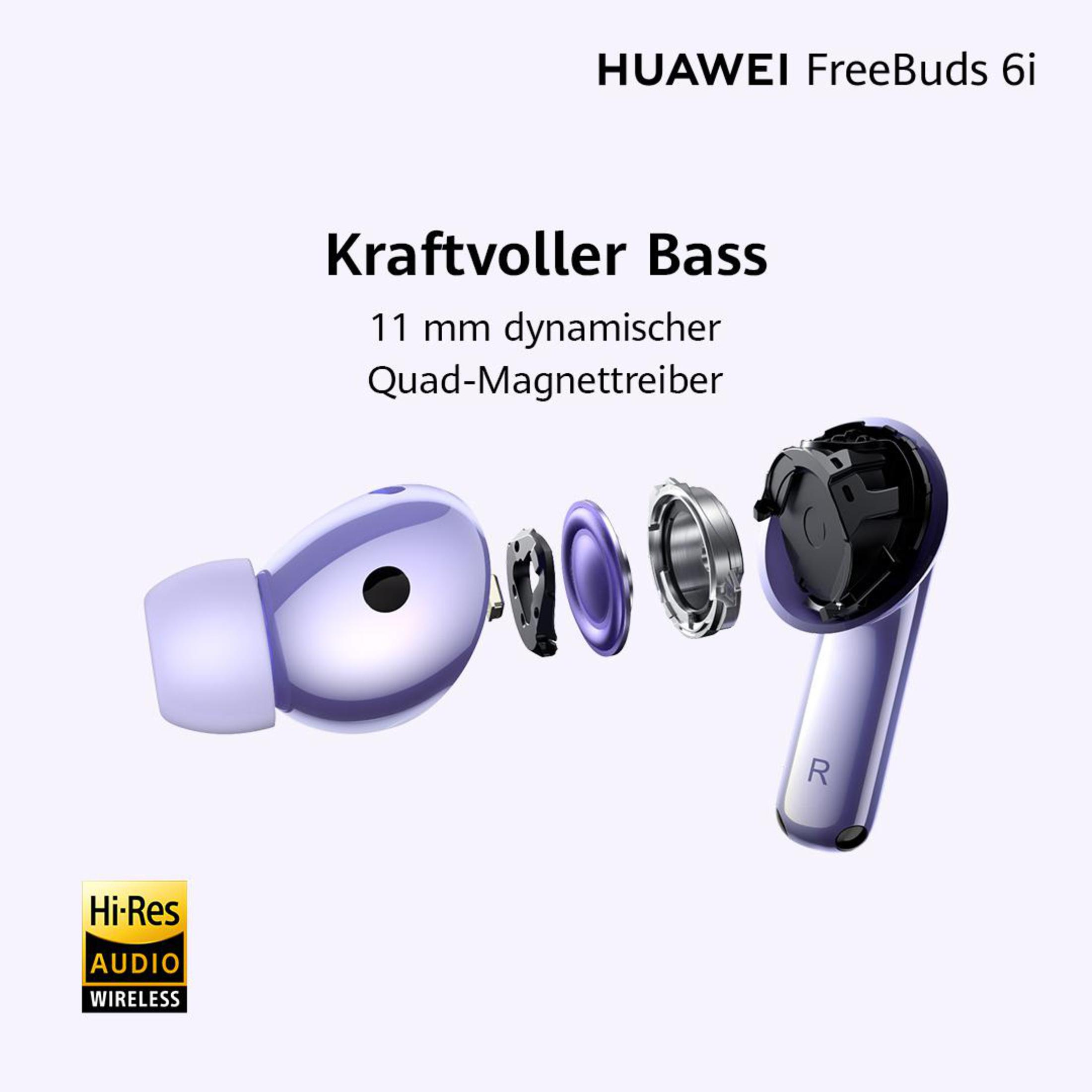 Widok rozłożony słuchawek Huawei w kolorze lawendy. Tekst zawiera 'Kraftvoller Bass'.