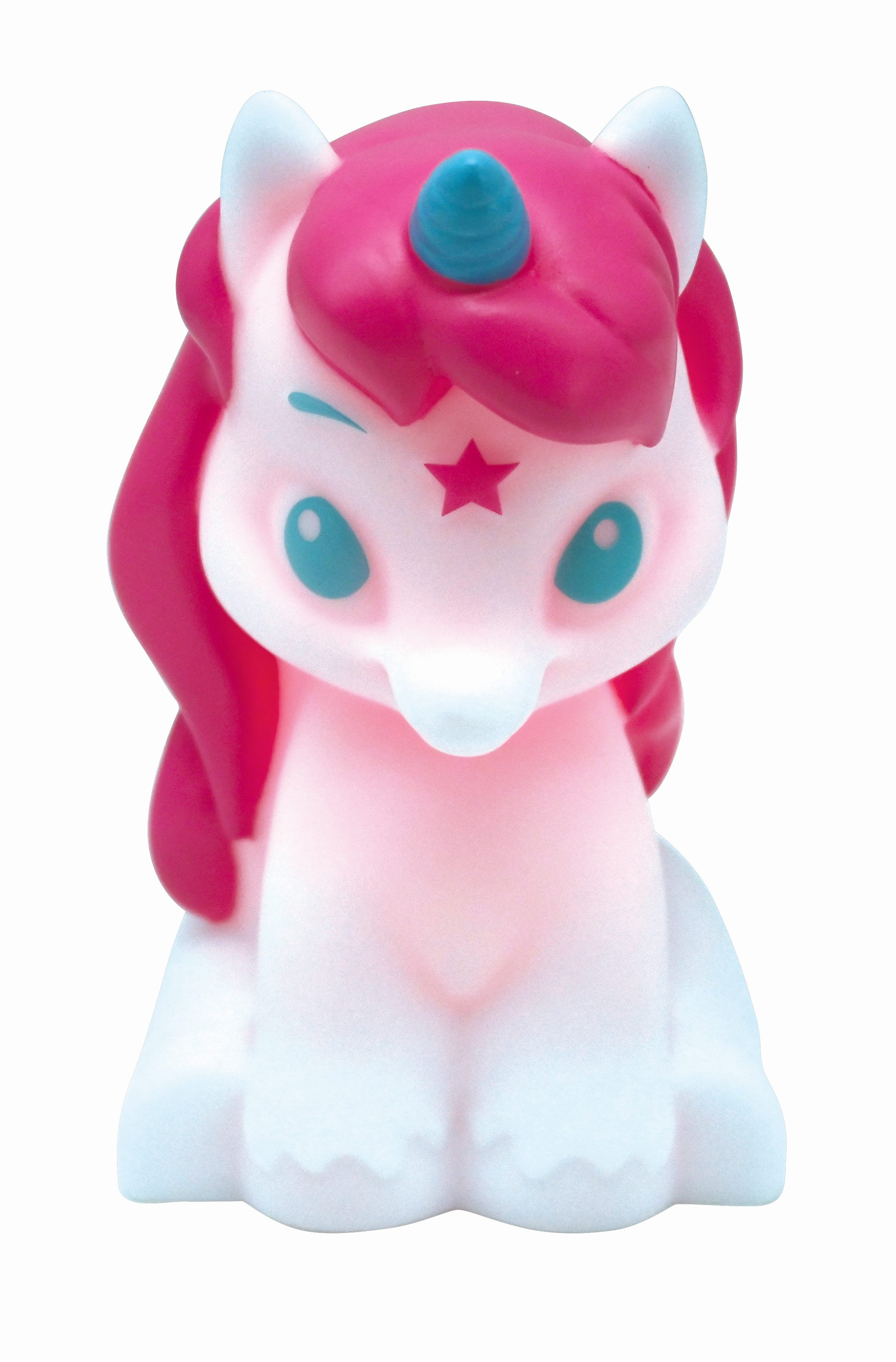Ein pinkes Einhorn-Nachtlicht mit einem Stern auf der Stirn. Es ist im Cartoon-Stil mit blauen Augen und Horn.