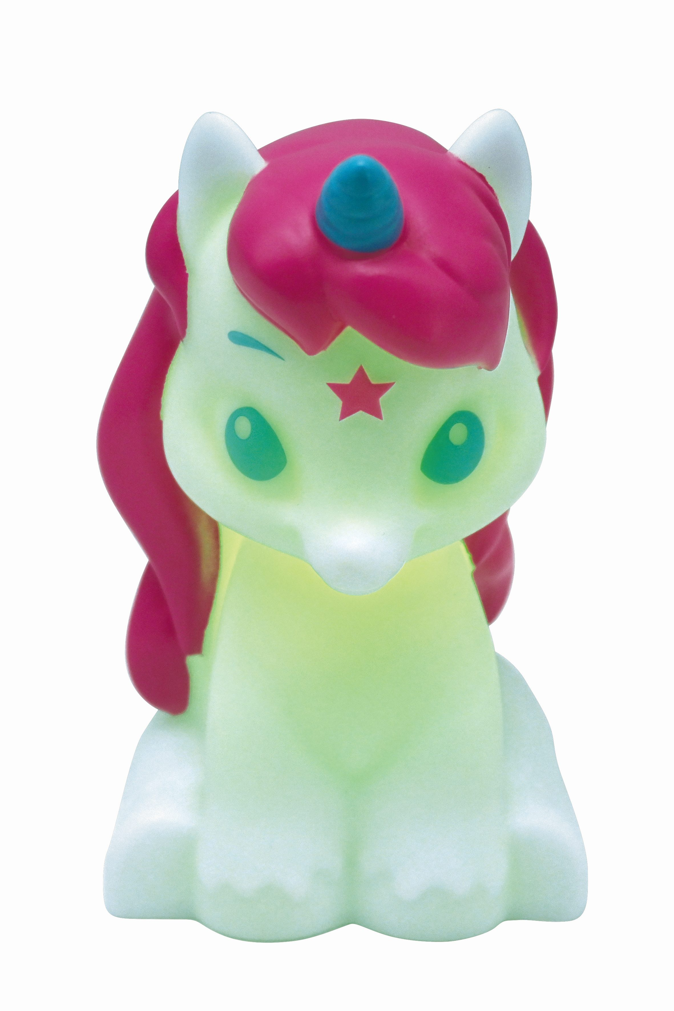 Ein leuchtendes Einhorn-Nachtlicht. Das Einhorn hat einen Stern auf der Stirn und ein blaues Horn. Die Augen sind grün.