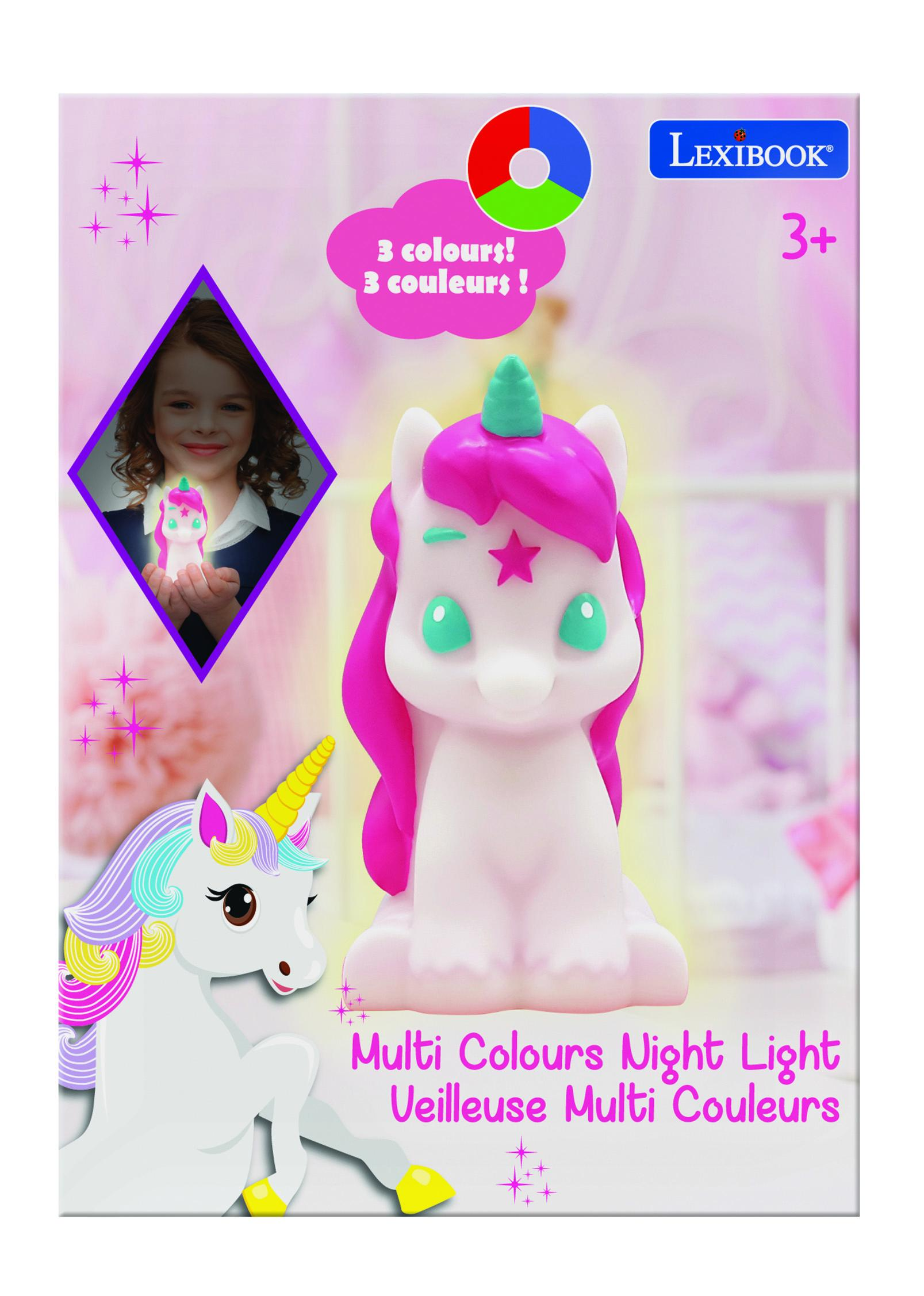 Die Vorderseite einer Schachtel mit einem Einhorn-Nachtlicht. Es gibt ein Bild eines Mädchens, das dasselbe Nachtlicht hält.