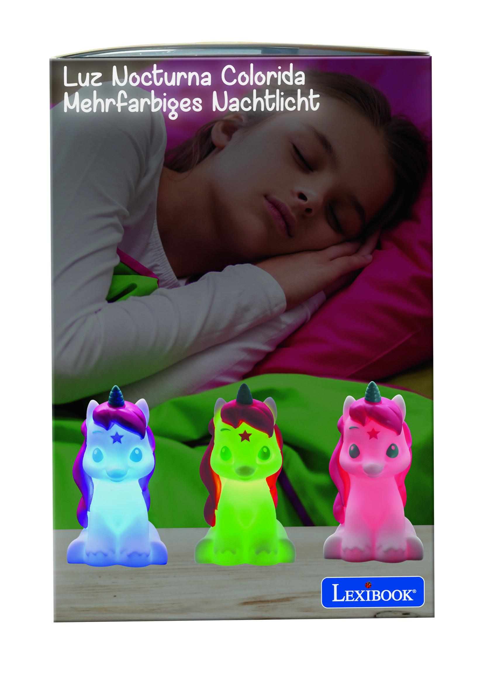 Eine Schachtel mit drei Einhorn-Nachtlichtern. Sie sind in verschiedenen Farben: Blau, Grün und Pink.