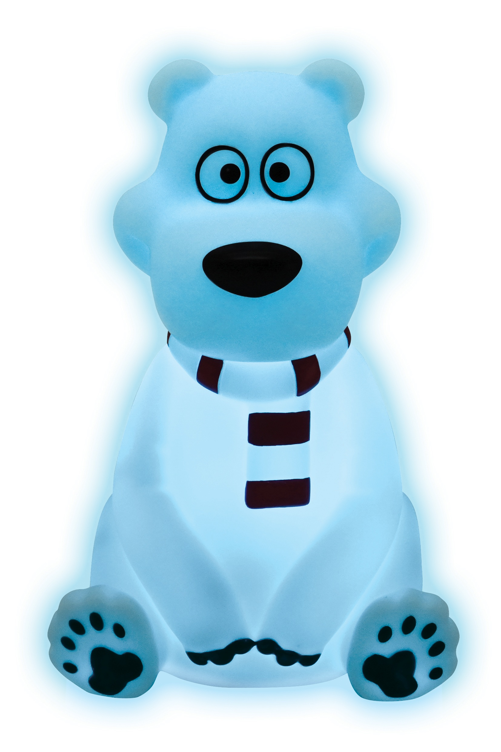 Luz nocturna de oso polar que brilla en azul. Tiene una bufanda roja y blanca, ojos negros y nariz negra.