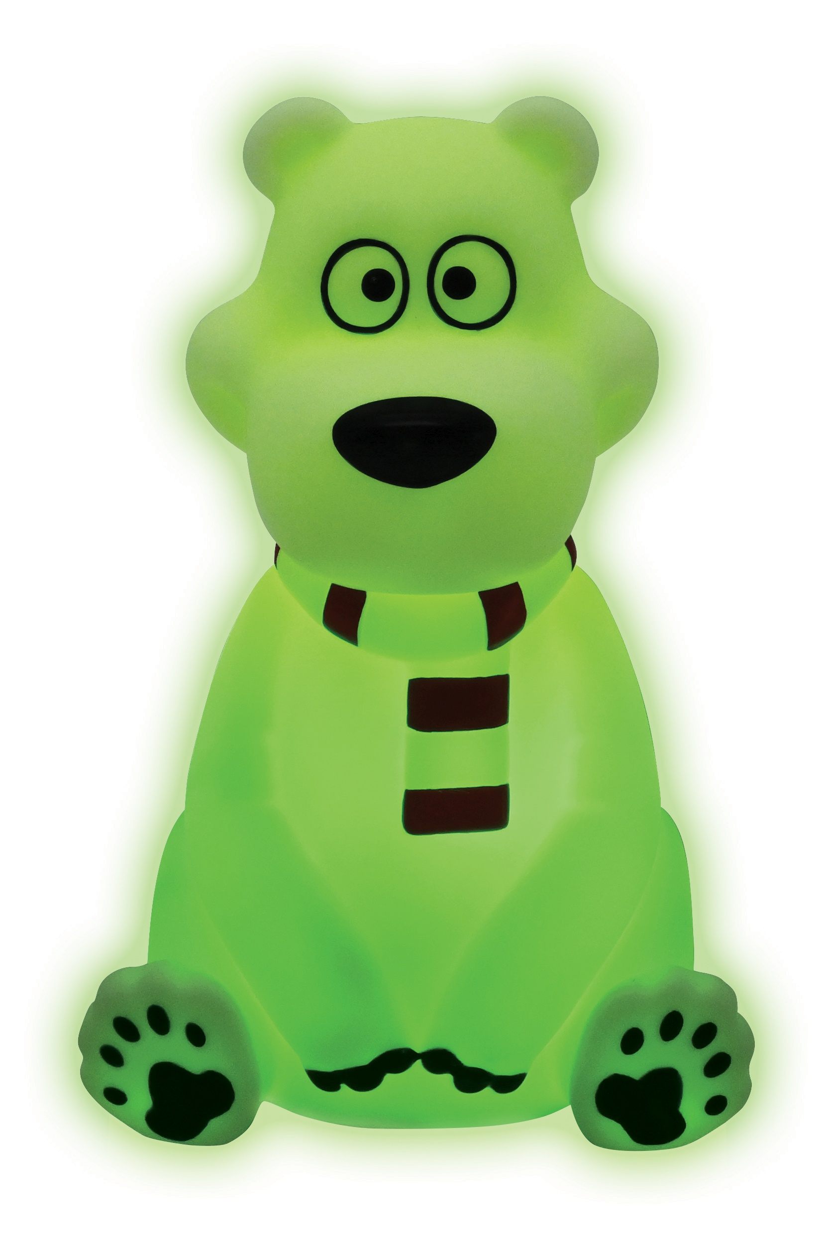 Luz nocturna de oso polar que brilla en verde. Tiene una bufanda roja y blanca, ojos negros y nariz negra.