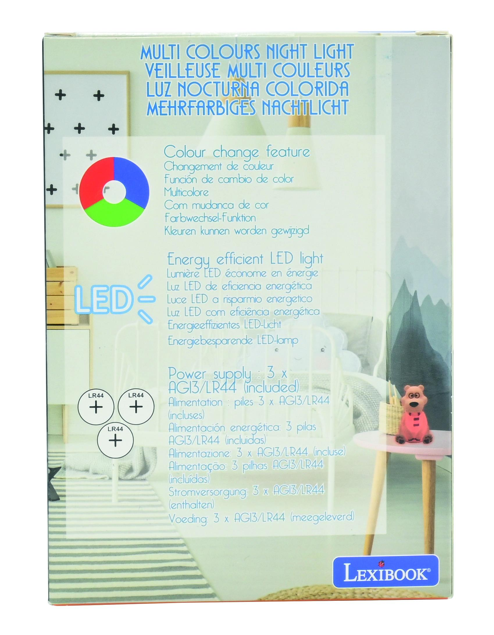 Parte trasera de una caja con una luz nocturna de oso polar. Dice que la luz es eficiente energéticamente y usa LED.