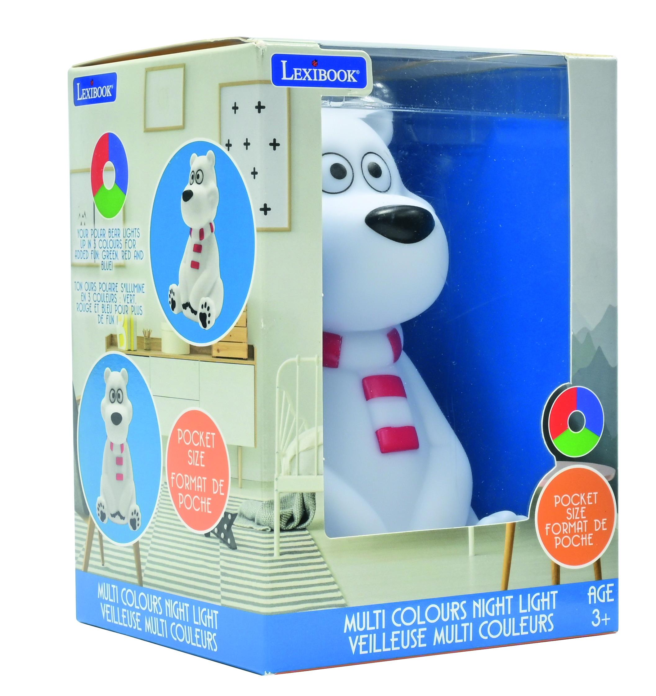 Caja con una luz nocturna de oso polar dentro. El oso tiene una bufanda roja y blanca. La caja es de plástico.