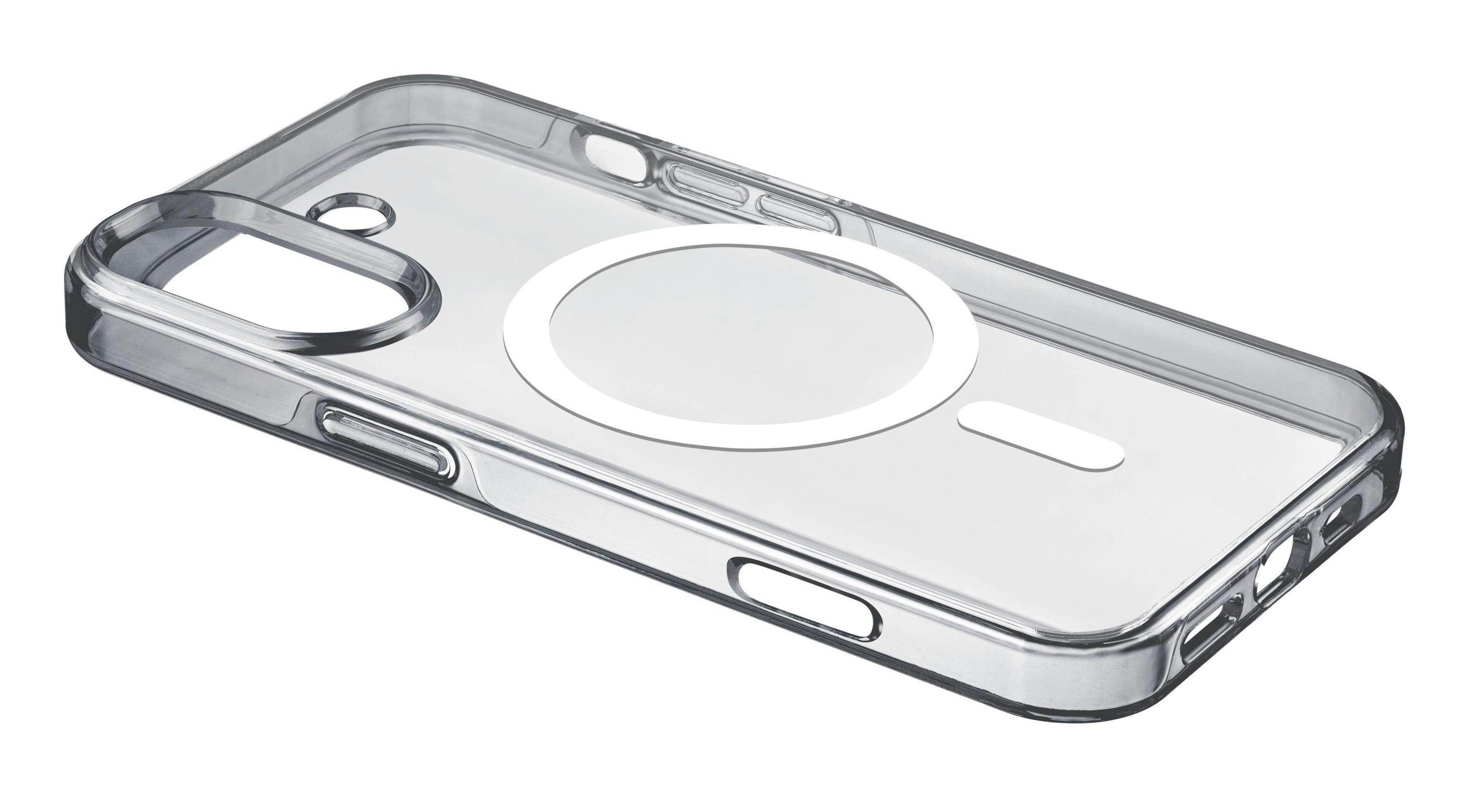 Una custodia trasparente per telefono con un anello MagSafe. La custodia è trasparente e ha un ritaglio per la fotocamera.