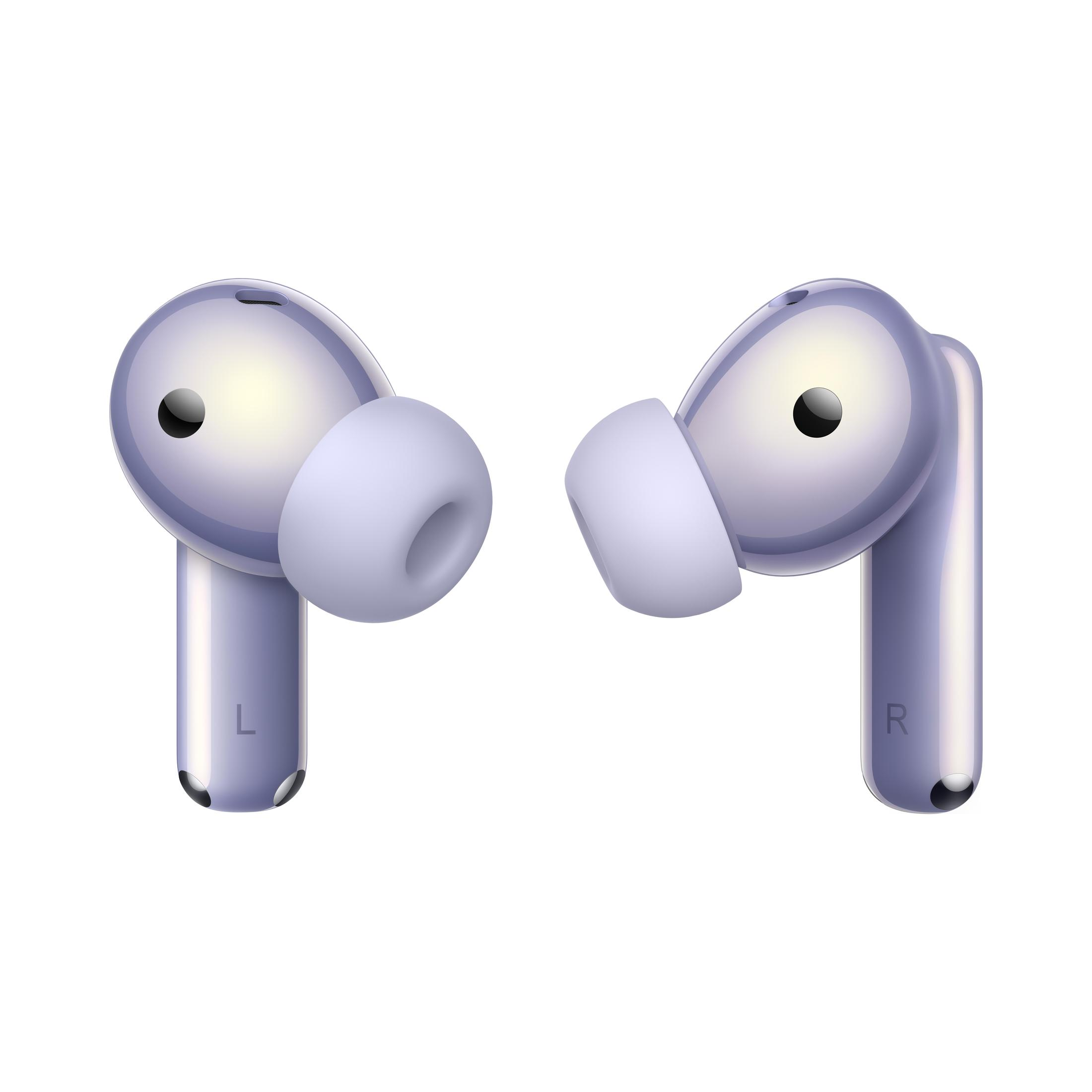Dwie jasno fioletowe bezprzewodowe słuchawki na białym tle. Etykiety 'L' i 'R'.
