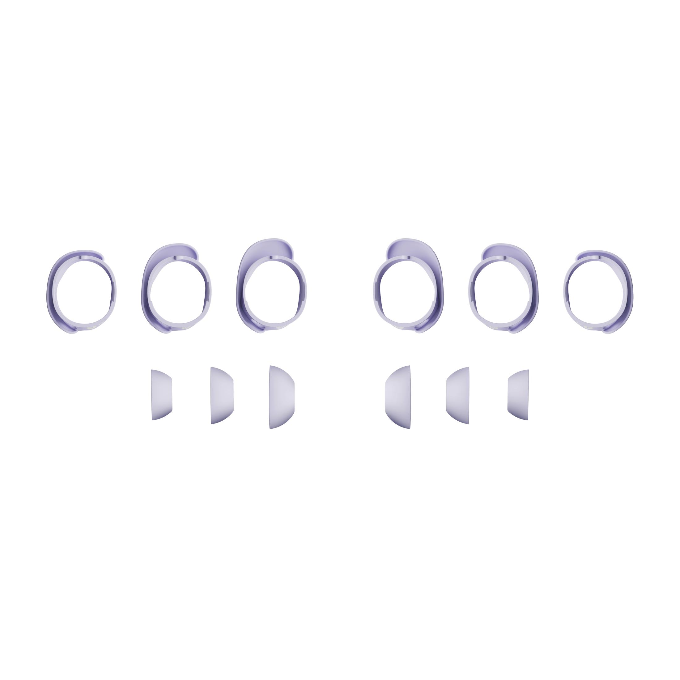 Końcówki do uszu i pierścienie w linii na białym tle. Różne rozmiary i kształty. Jasnofioletowy.
