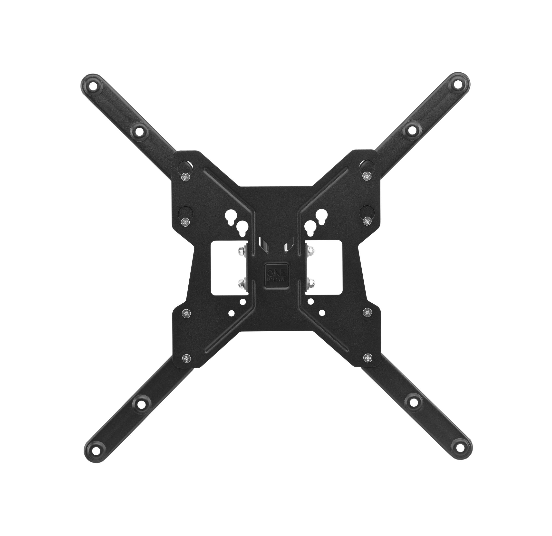 Support TV noir avec un design en croix, avec trous de montage, sur fond blanc.
