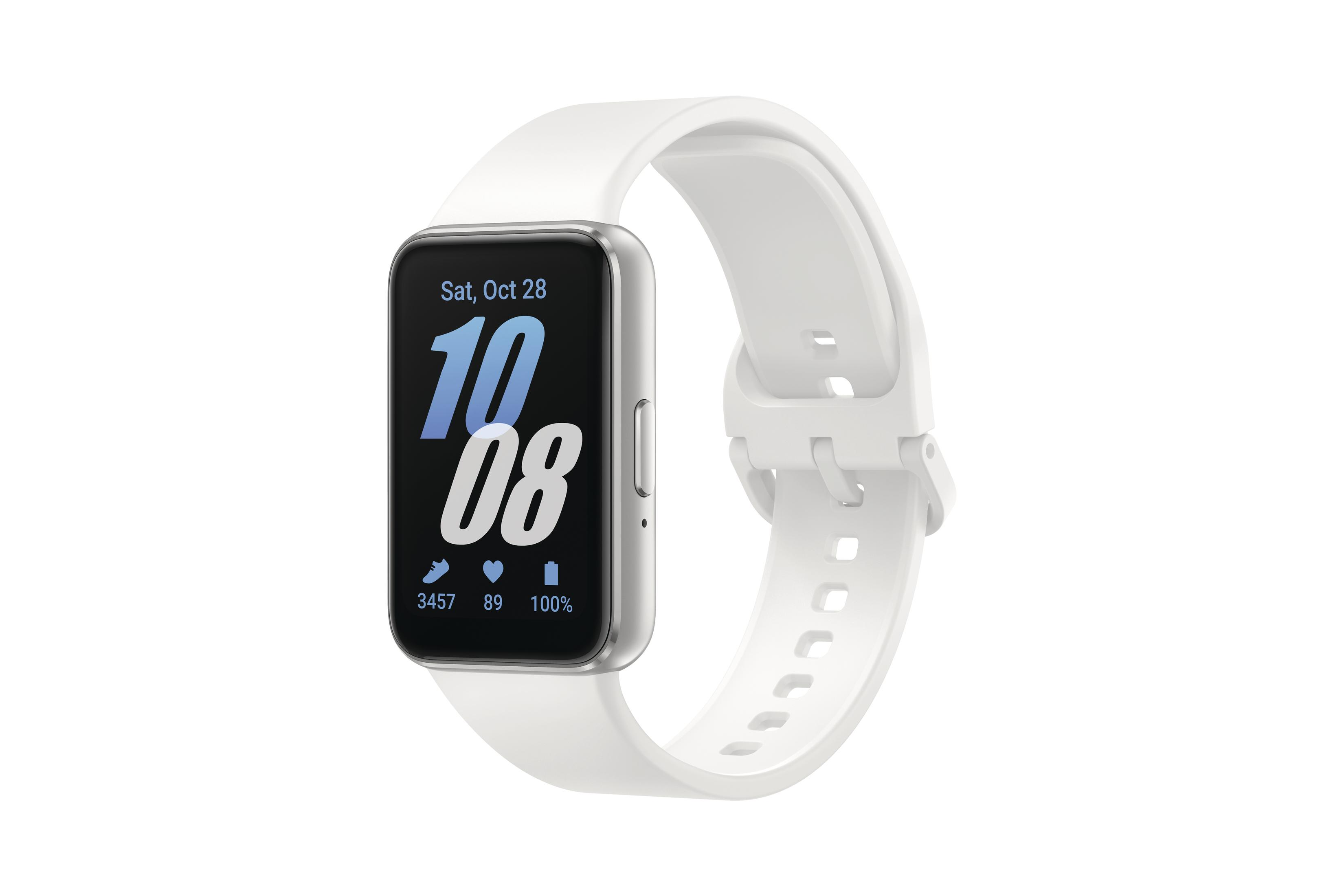 Eine weiße Smartwatch, die Datum und Uhrzeit anzeigt.